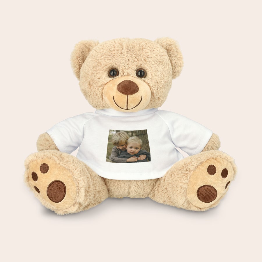 Urso de peluche personalizado Ursinho de pelúcia fofo com camiseta branca personalizada com uma foto de duas crianças, ideal para surpreendê-los.
