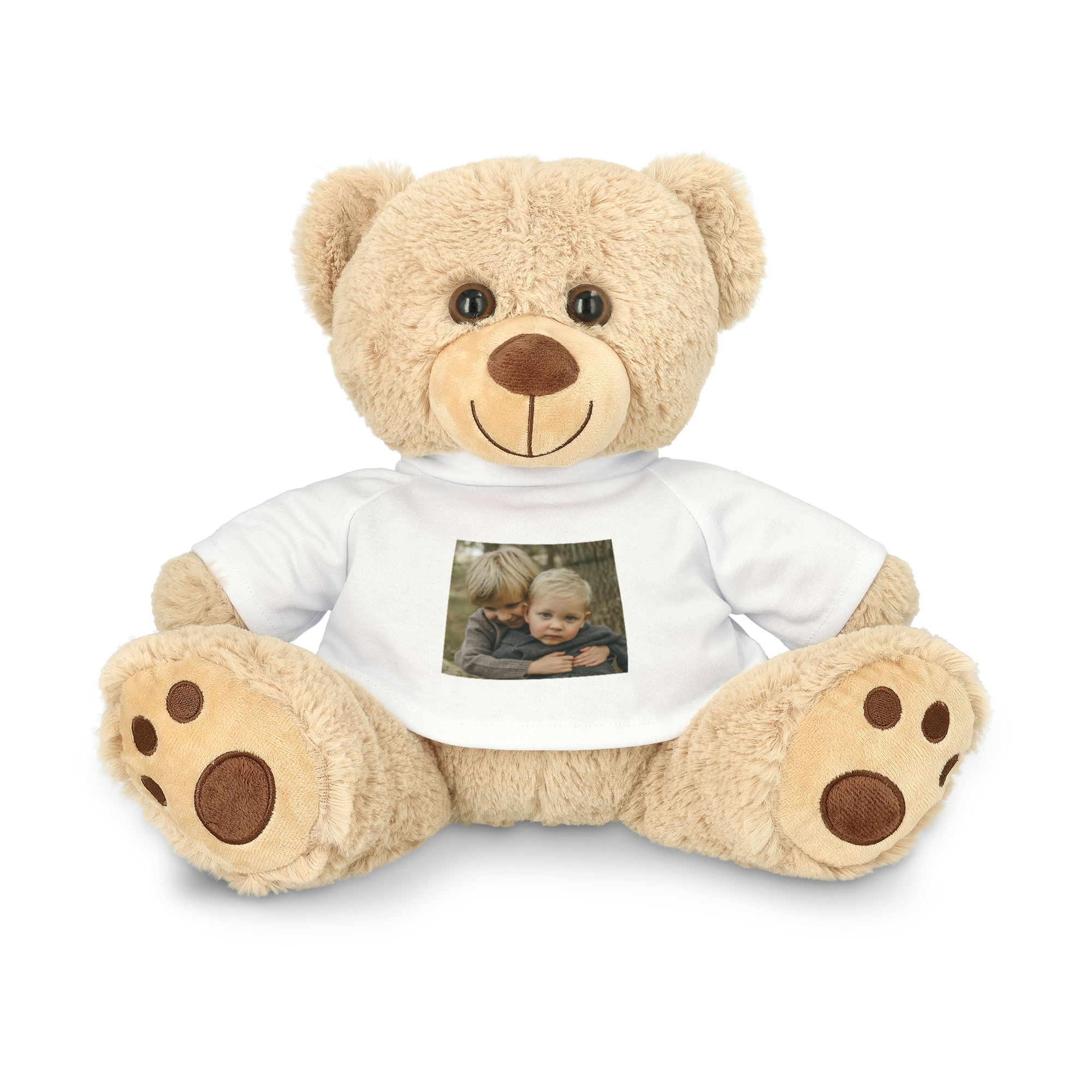Kuscheltier Bär mit personalisiertem T-Shirt, bedruckt mit einem Foto von zwei Kindern als dein Entwurf