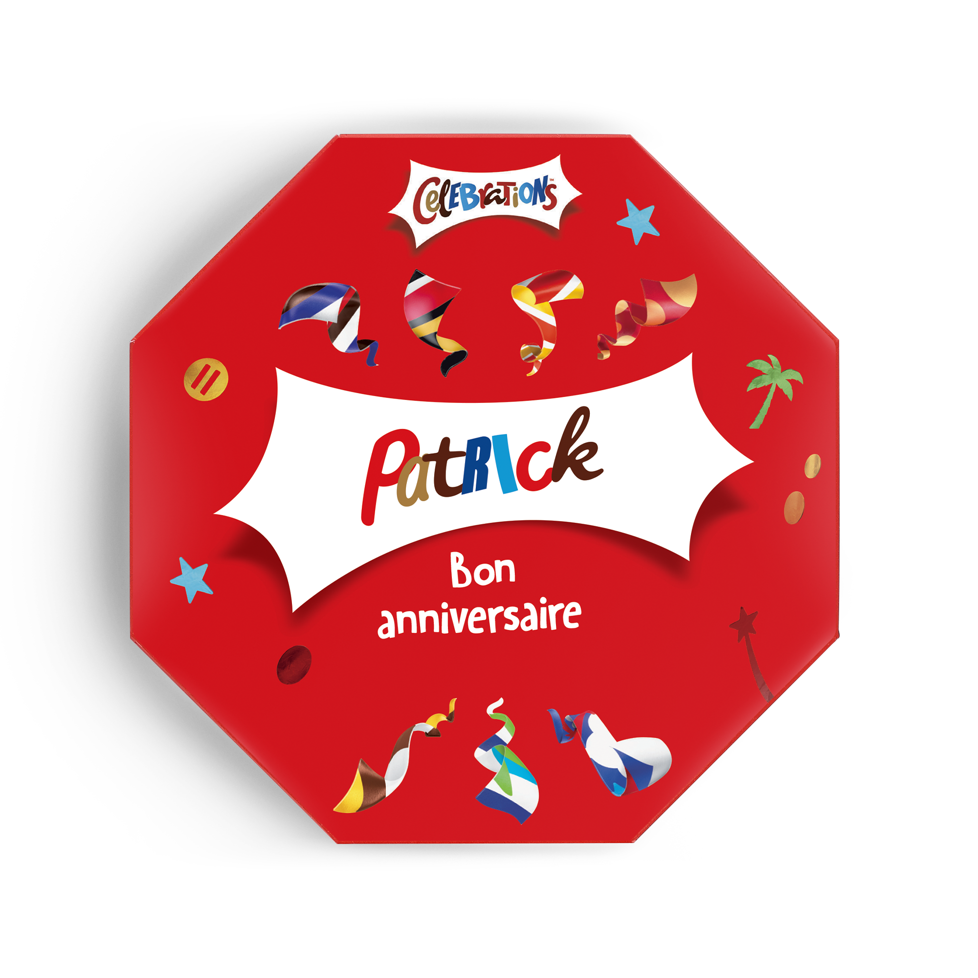 Coffret Celebrations personnalisé avec le prénom Patrick et un Joyeux Anniversaire, imprimé sur fond rouge.