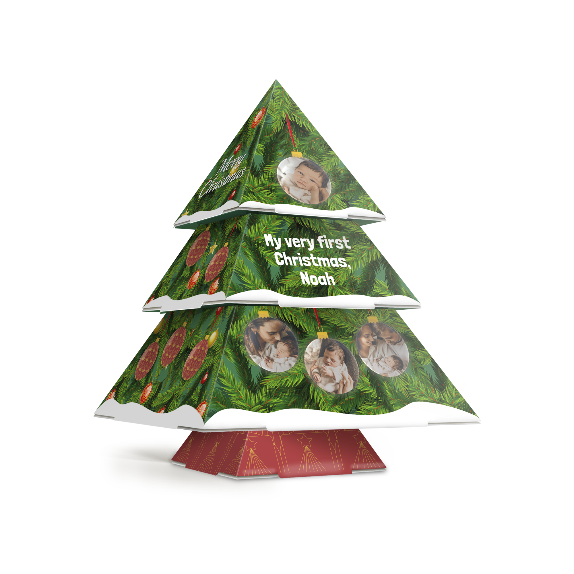 Papírový vánoční stromeček s vlastním potiskem a textem "My very first Christmas, Noah" a fotografiemi, rozsviťte svátky osobním dotekem.