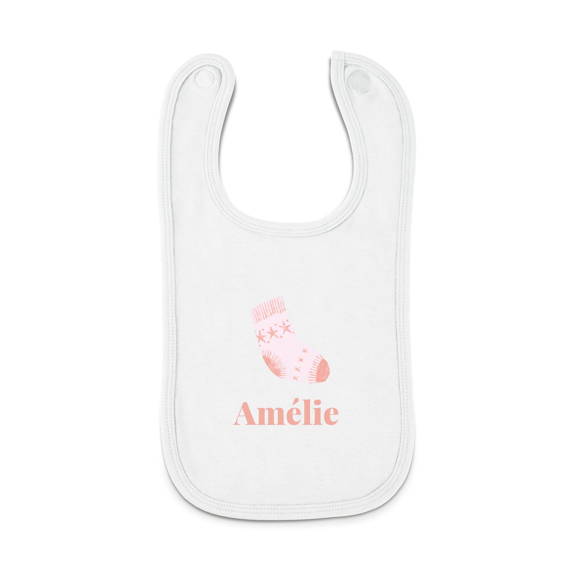 Bavoir bébé de Noël blanc imprimé avec une chaussette et le prénom Amélie