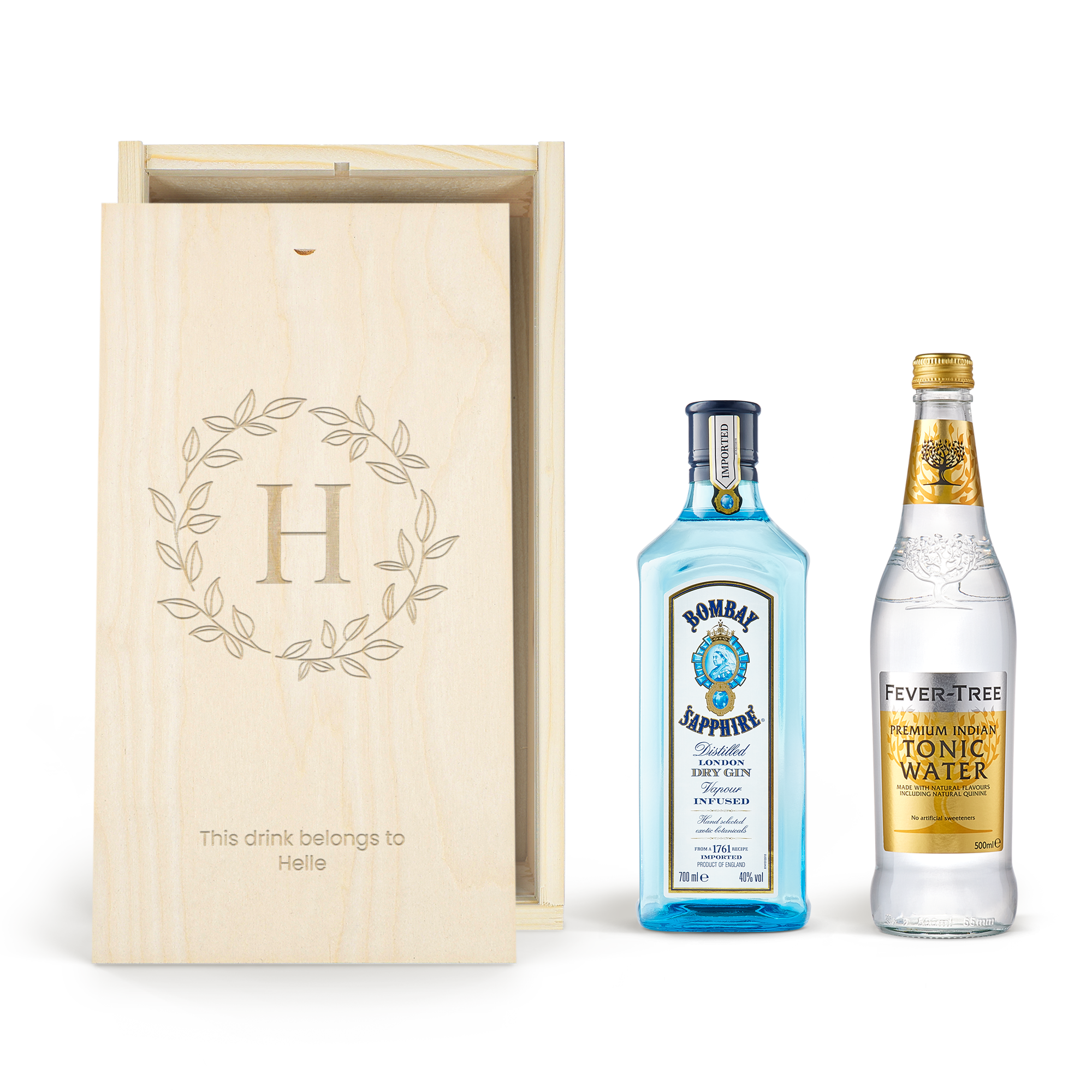 Gin og tonic sæt i personlig trækasse - Bombay Sapphire