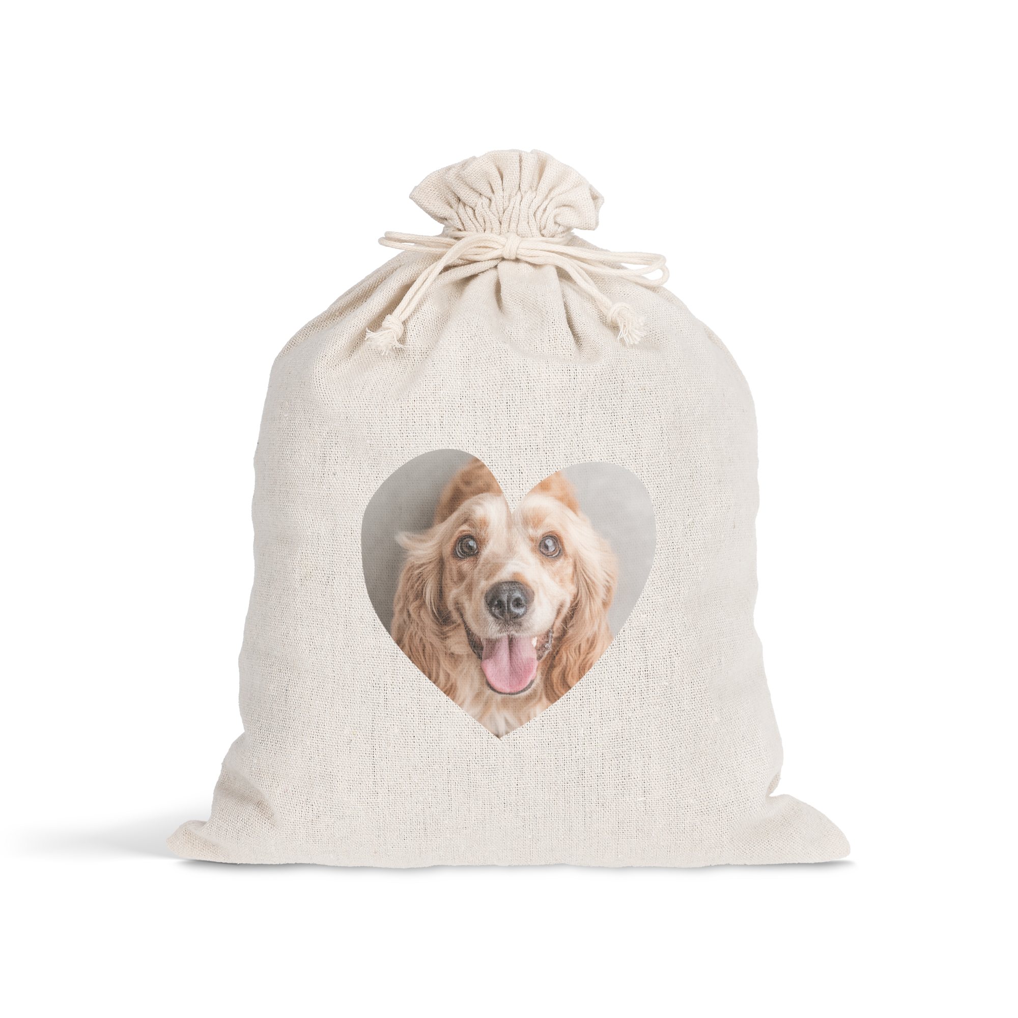 Busta regalo pasquale personalizzata con coulisse, stampata con foto di un cane in un cuore