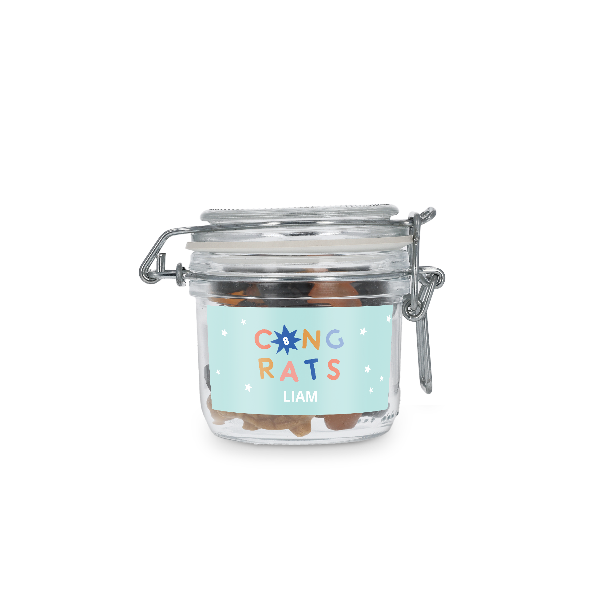 Barattolo di dolciumi personalizzato con mix di liquirizia, etichetta stampata con "CONGRATS" e nome Liam