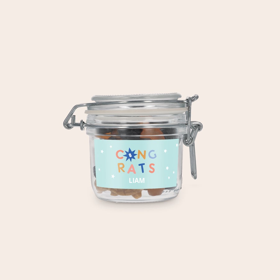 Frasco de doces personalizado Pote de doce personalizado com mistura de alcaçuz, com adesivo CongRats Liam e estrelas