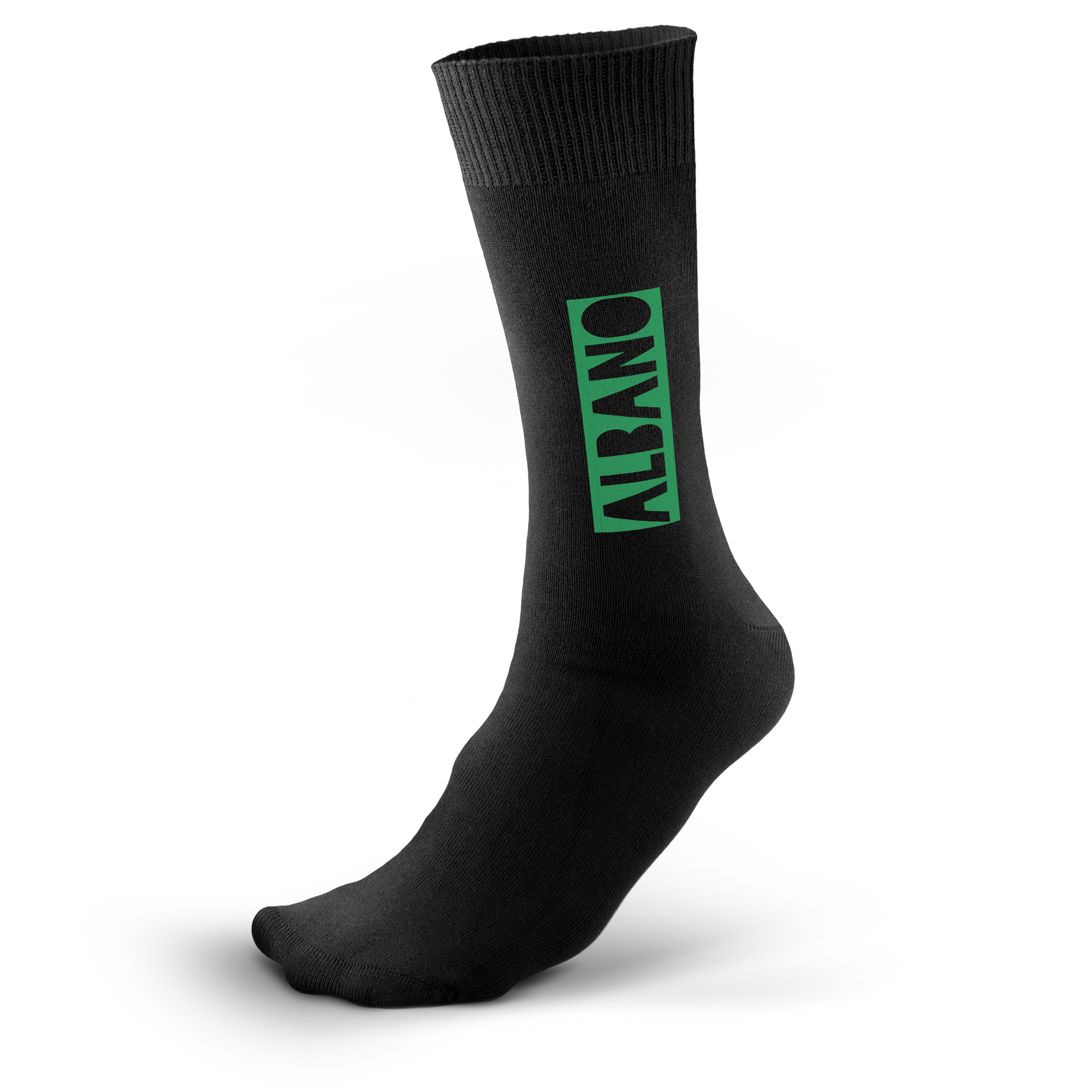 Meia personalizada preta com o nome ALBAN0 em verde, impressa para criar suas meias personalizadas.