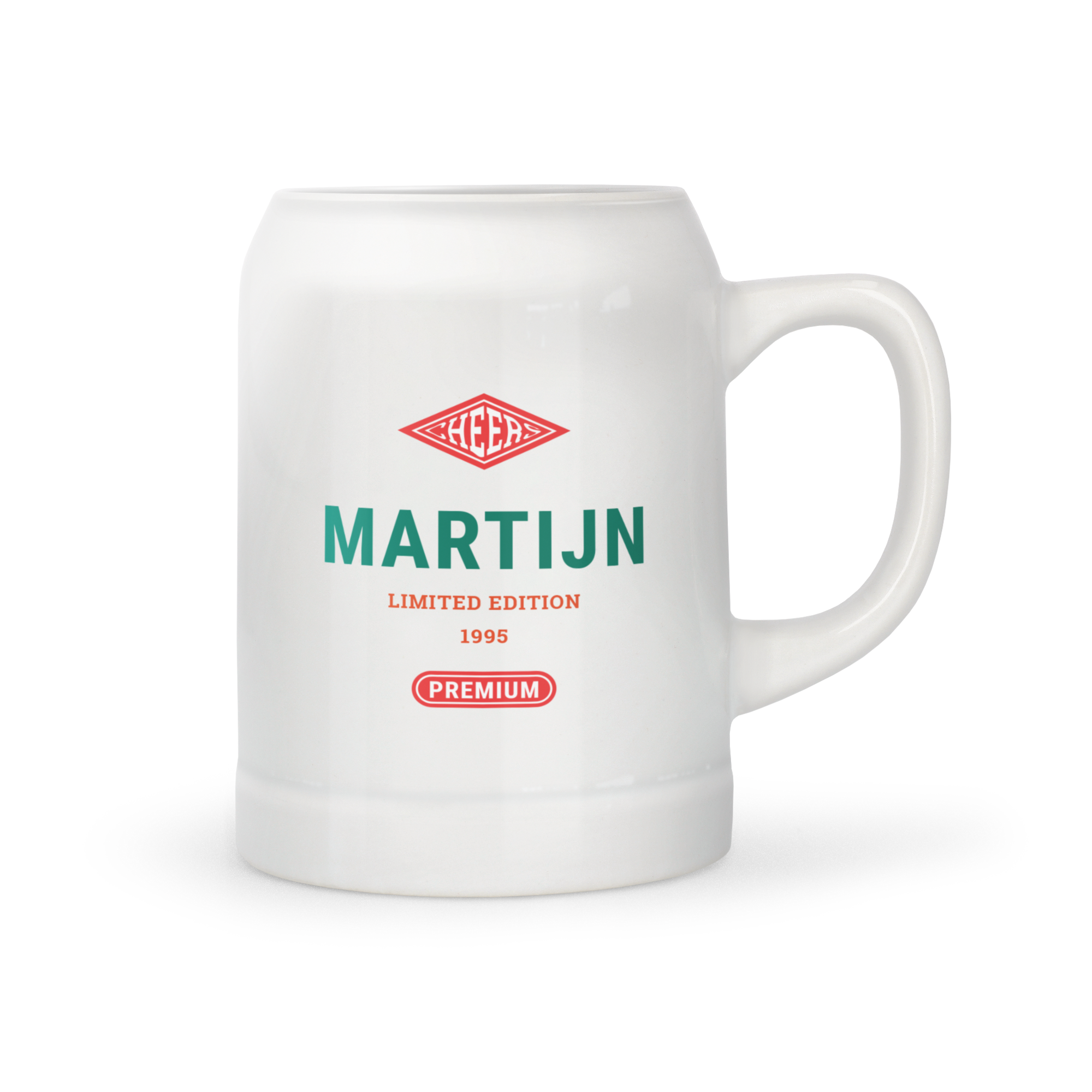 Witte bedrukte bierpul met de naam Martijn, Limited Edition en 1995 in rood en turquoise, jouw ontwerp.
