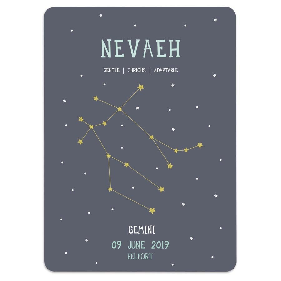 Folha Milestone personalizada com nome Nevaeh, constelação Gêmeos e data de nascimento 09.06.2019 para decorar o quarto do bebê