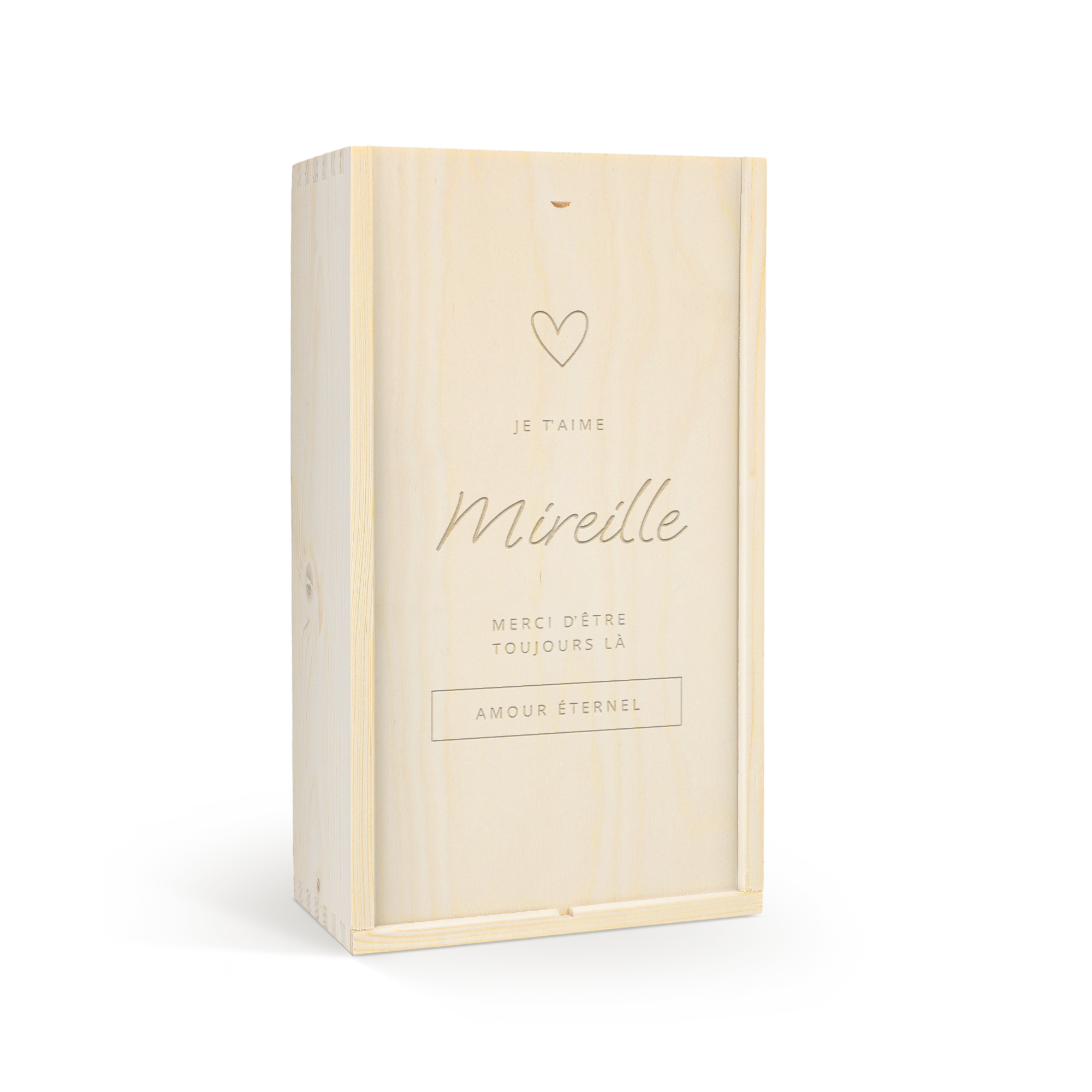 Coffret en bois gravé pour gin-tonic avec cœur, le prénom Mireille, un message personnalisé et le texte Amour éternel