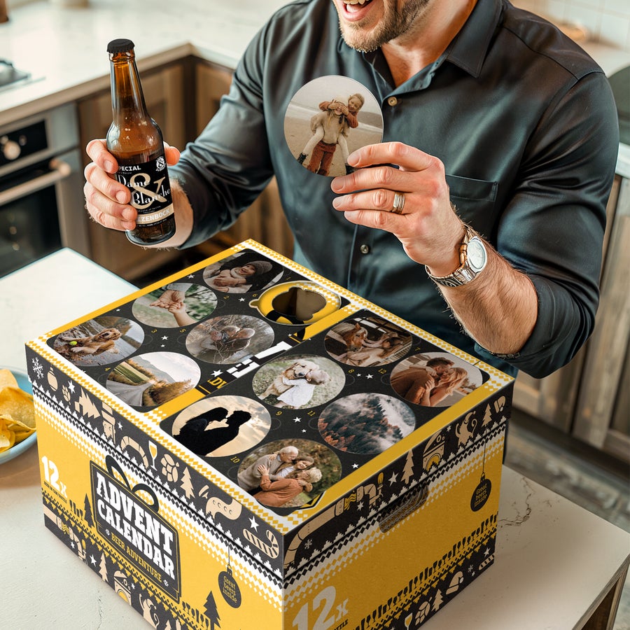 Calendrier de l'Avent personnalisé de 12 bouteilles avec bière Calendrier de l'Avent personnalisé avec des bières, imprimé de vos photos préférées.