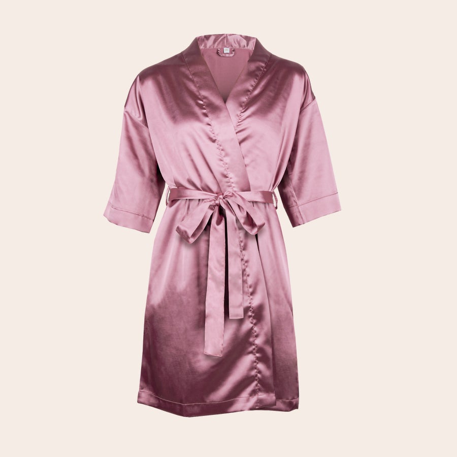 Personalised kimono Rose pink satin personalised kimono with a tied waist belt