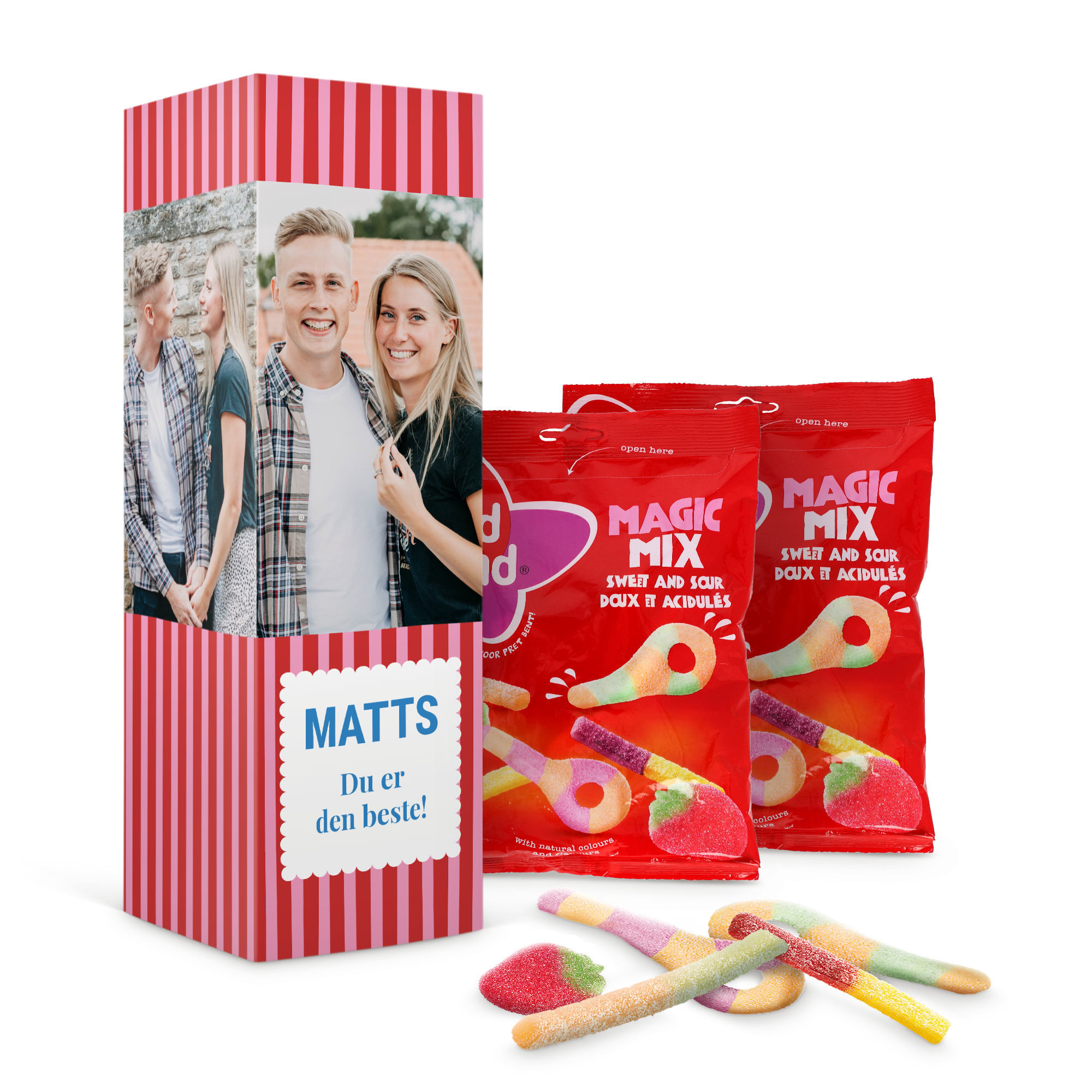 Personlig gaveeske for søtsaker med trykt bilde av et par og navnet "Matts"