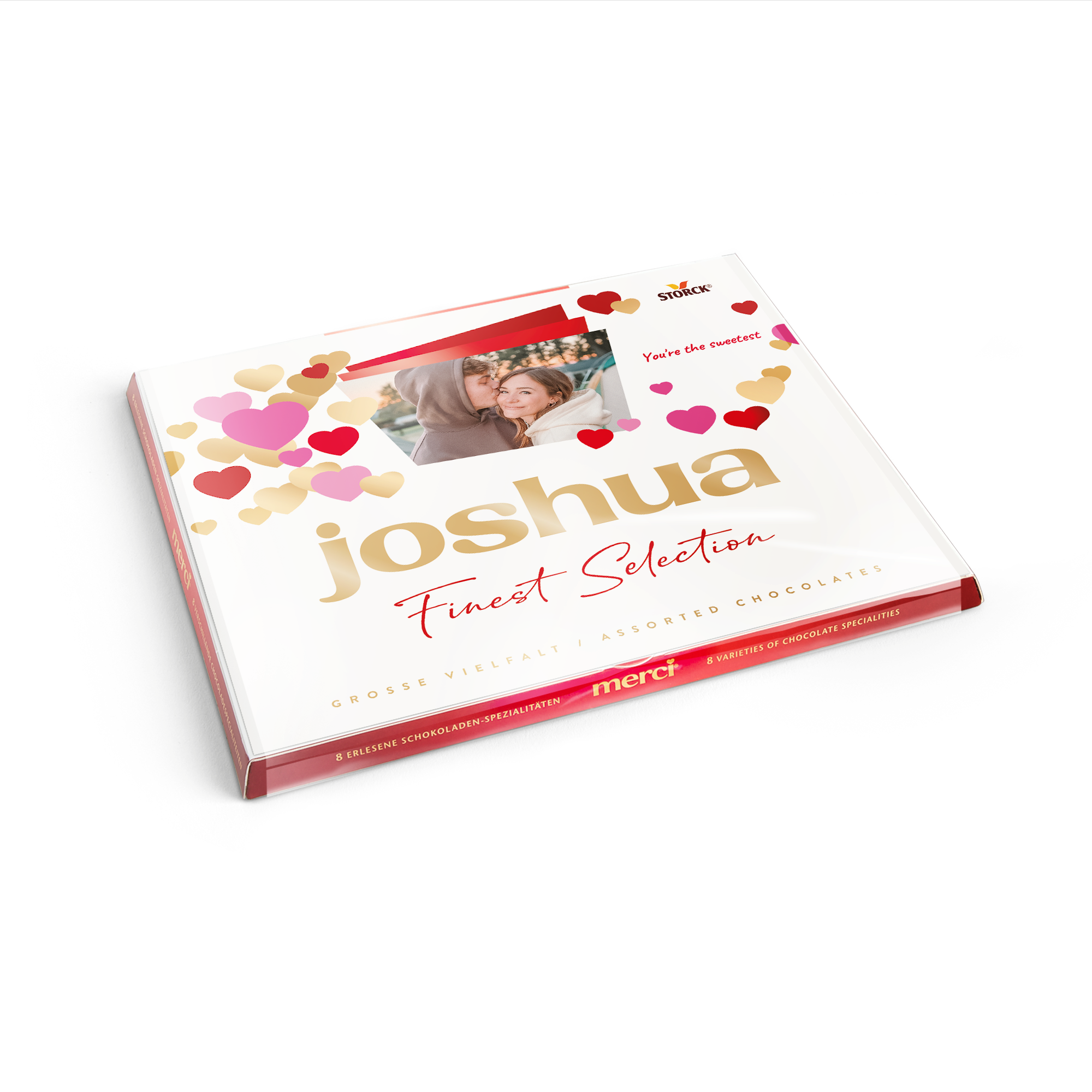 Čokoláda Merci s personalizovanou kartou - 250 gramů se jménem Joshua a vaší vlastní fotkou, zdobená srdíčky.