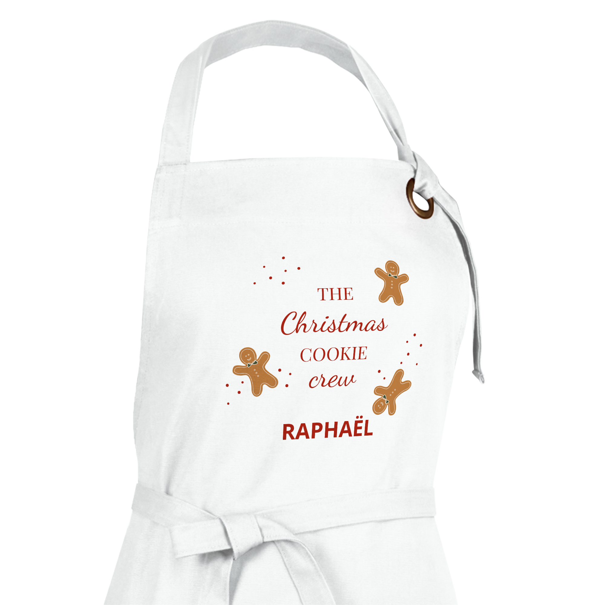 Tablier de cuisine blanc imprimé avec des bonshommes en pain dépices un texte et le prénom Raphaël