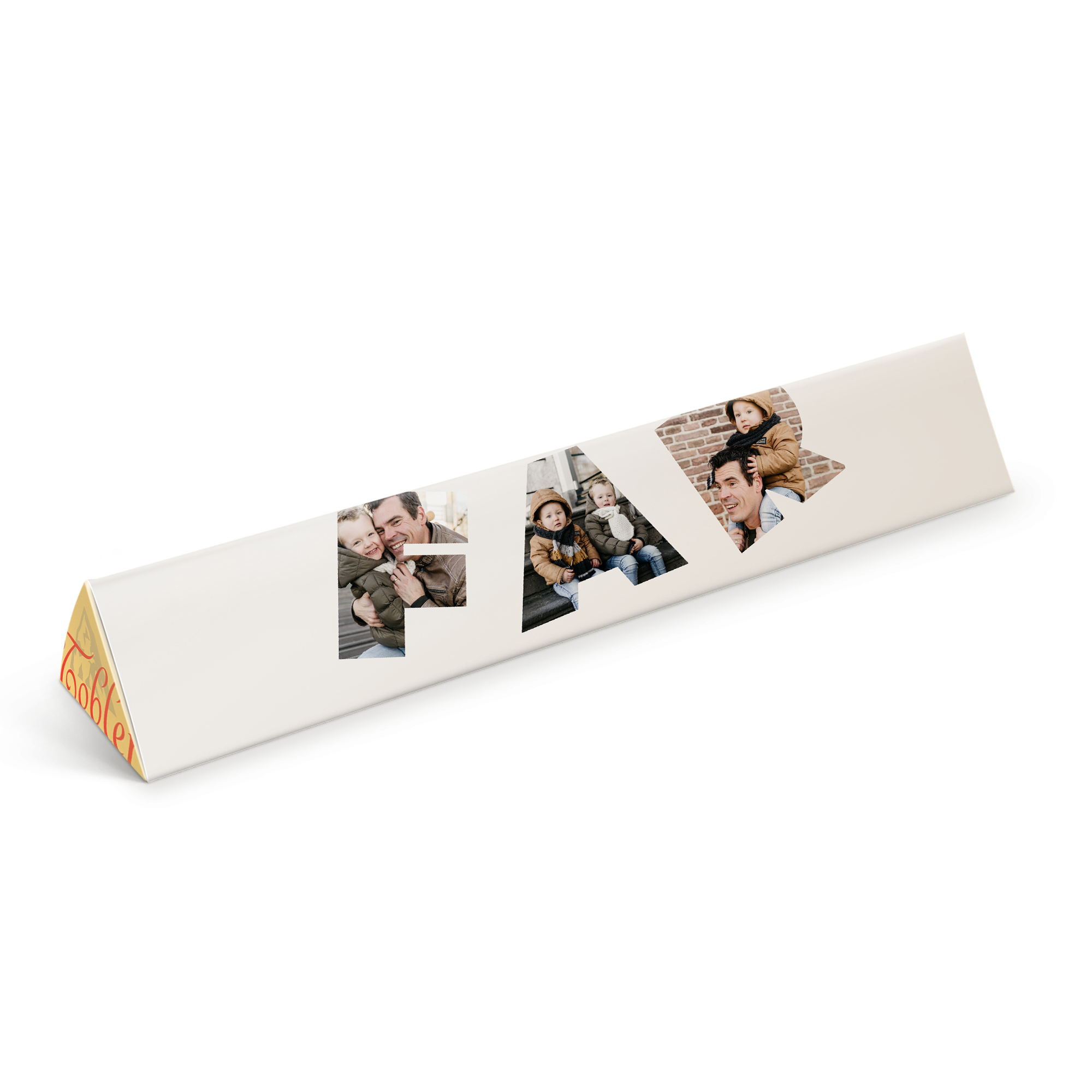 En stor personlig Toblerone chokolade med ordet FAR printet med egne billeder.