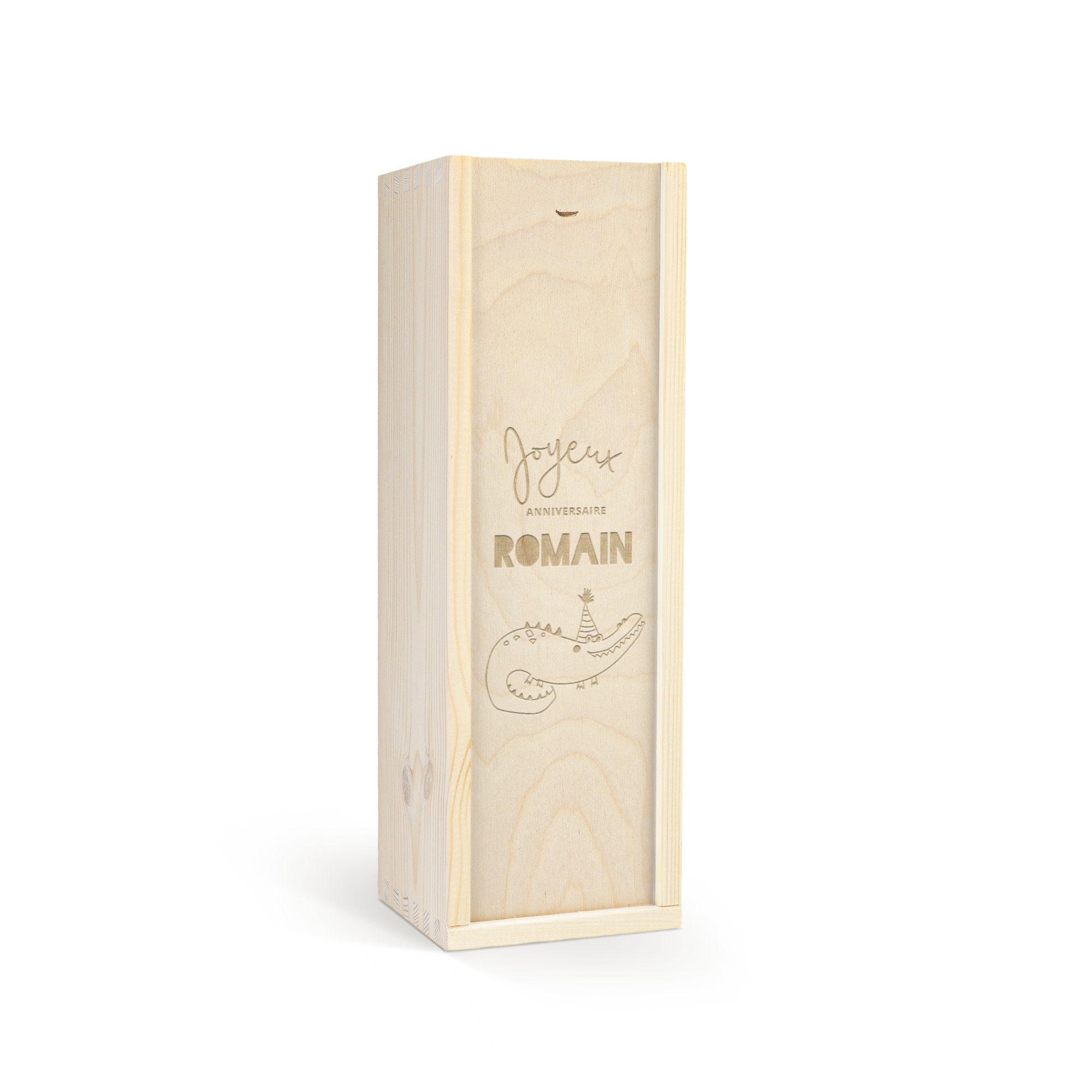Coffret Kidibul personnalisé en bois clair gravé Joyeux Anniversaire Romain avec un crocodile festif