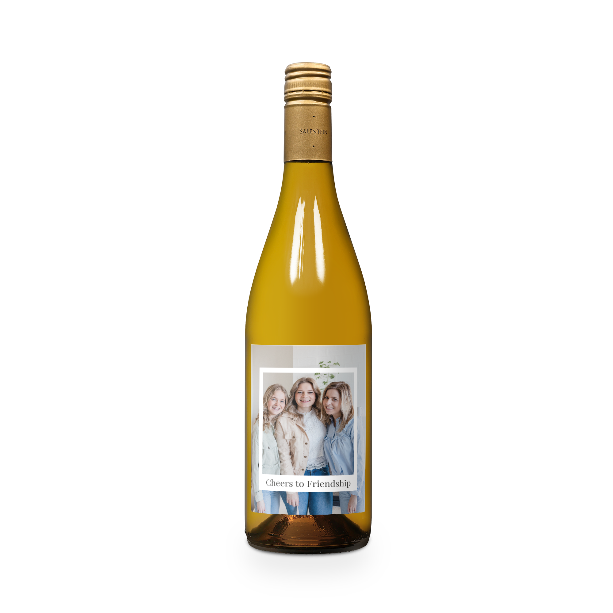 Salentein Chardonnay üveg, fotóval és "Cheers to Friendship" szöveggel nyomtatott címkével személyre szabva
