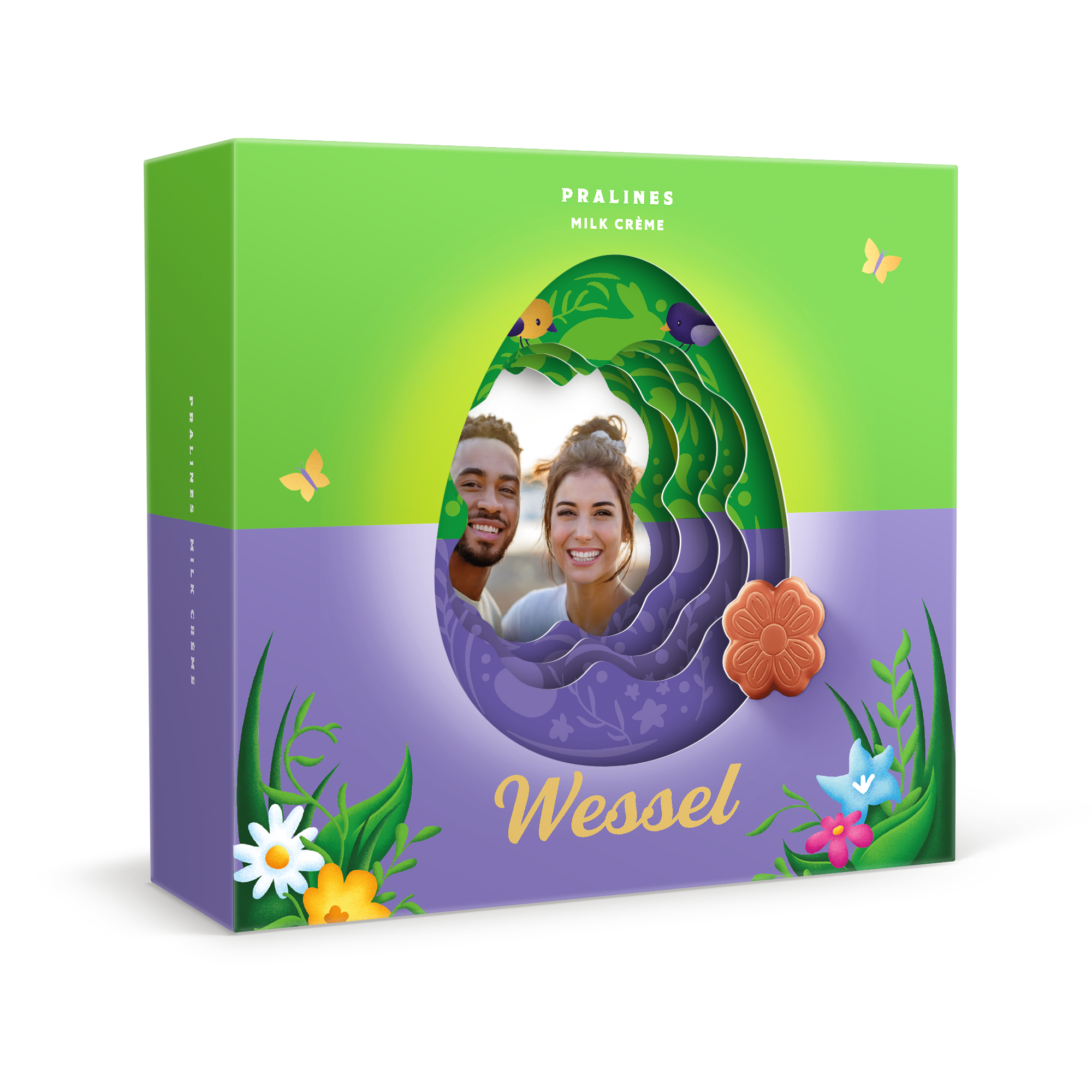 Milka 3D giftbox met foto van een koppel en de naam Wessel, bedrukt met een paasthema.