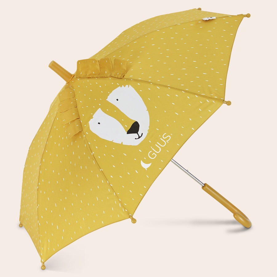 Guarda-chuva Infantil Personalizado - Trixie Guarda-chuva infantil amarelo estampado com cara de leão e nome personalizado para os meses de inverno.