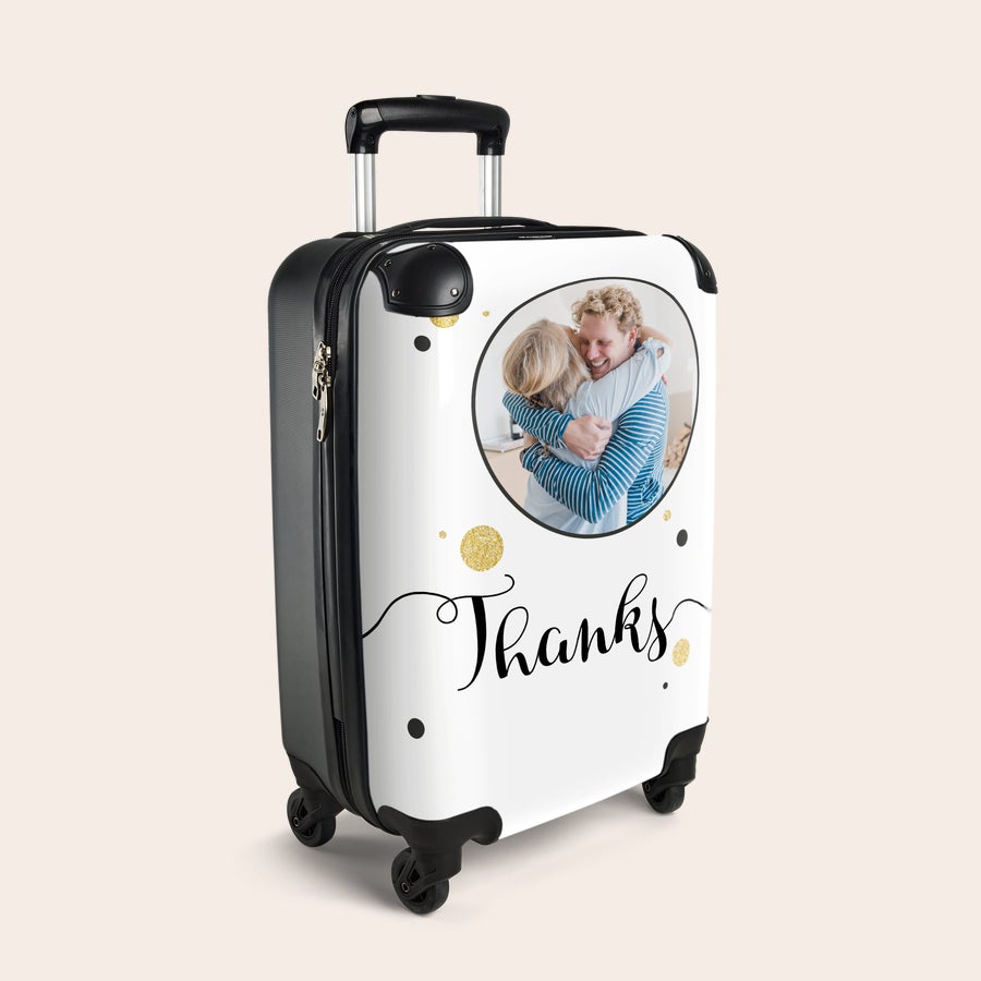 Princezná Traveler foto kufor Biely super ľahký kufor s potlačenou fotkou páru objímajúcich sa a nápisom Thanks s potlačou bodiek vytvorte si svoj vlastný jedinečný super ľahký kufor s fotografiou