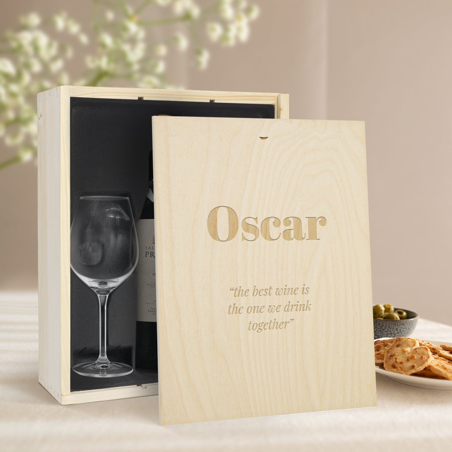 Coffret vin rouge avec 2 verres - Salentein Primus Malbec - Couvercle gravé Coffret vin rouge avec 2 verres - Salentein Primus Malbec - Couvercle gravé