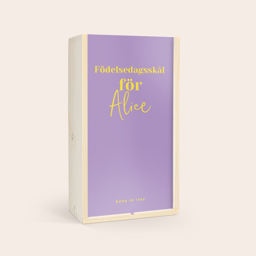 Personliga Vinlåda Vinlåda i trä med lila lock, tryckt med texten Födelsedagsskål för Alice och Born in 1994.