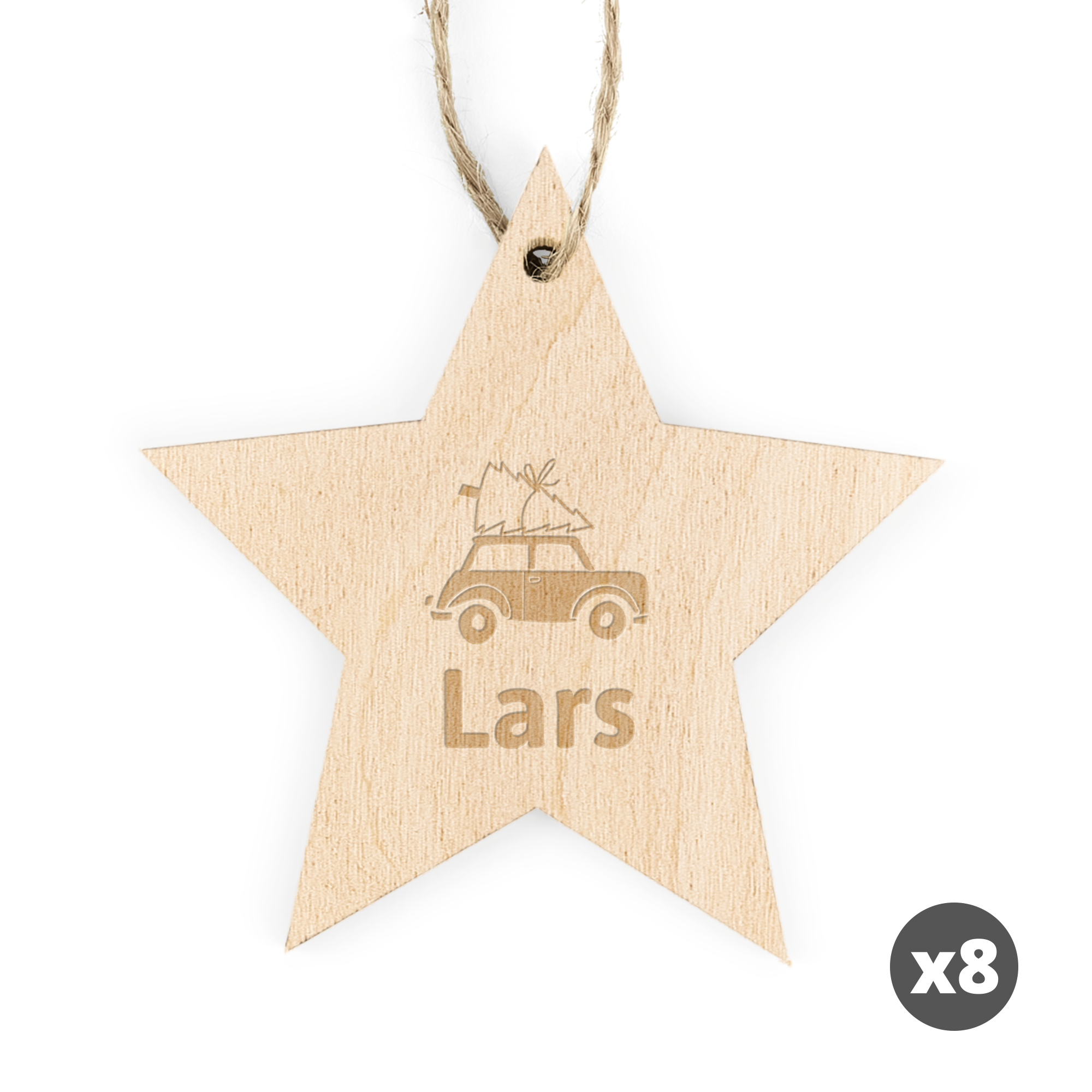 Julesstjerne i tre inngravert med bilen og juletre og navnet "Lars" på