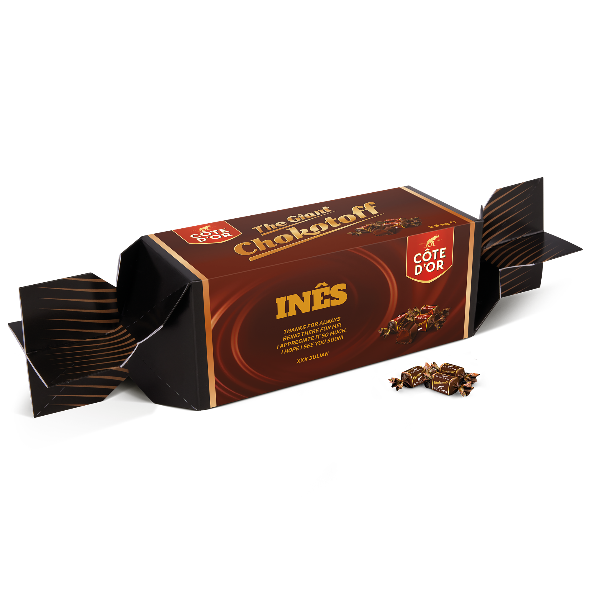 Toffee Chokotoff gigante personalizado com o nome Inês e uma mensagem pessoal, impresso diretamente na embalagem.