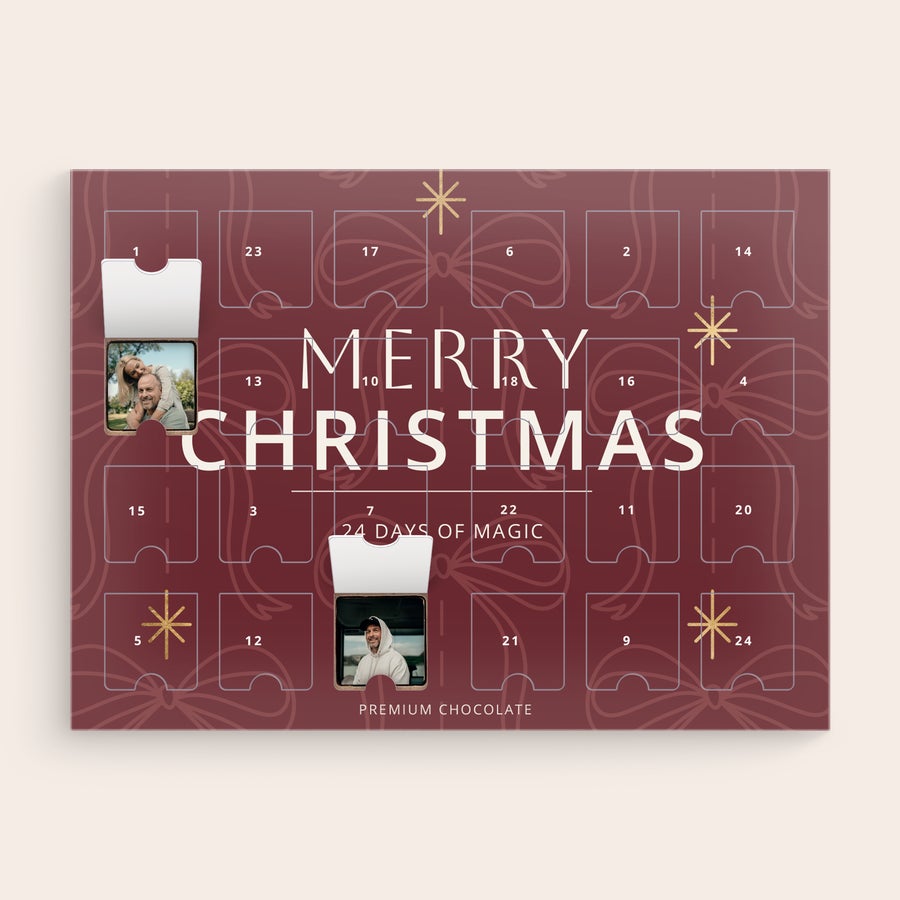 Personalised advent calendar - Photo chocolates Burgundy personalised photo chocolates advent calendar with Merry Christmas message and custom images on chocolates to create sweet memories