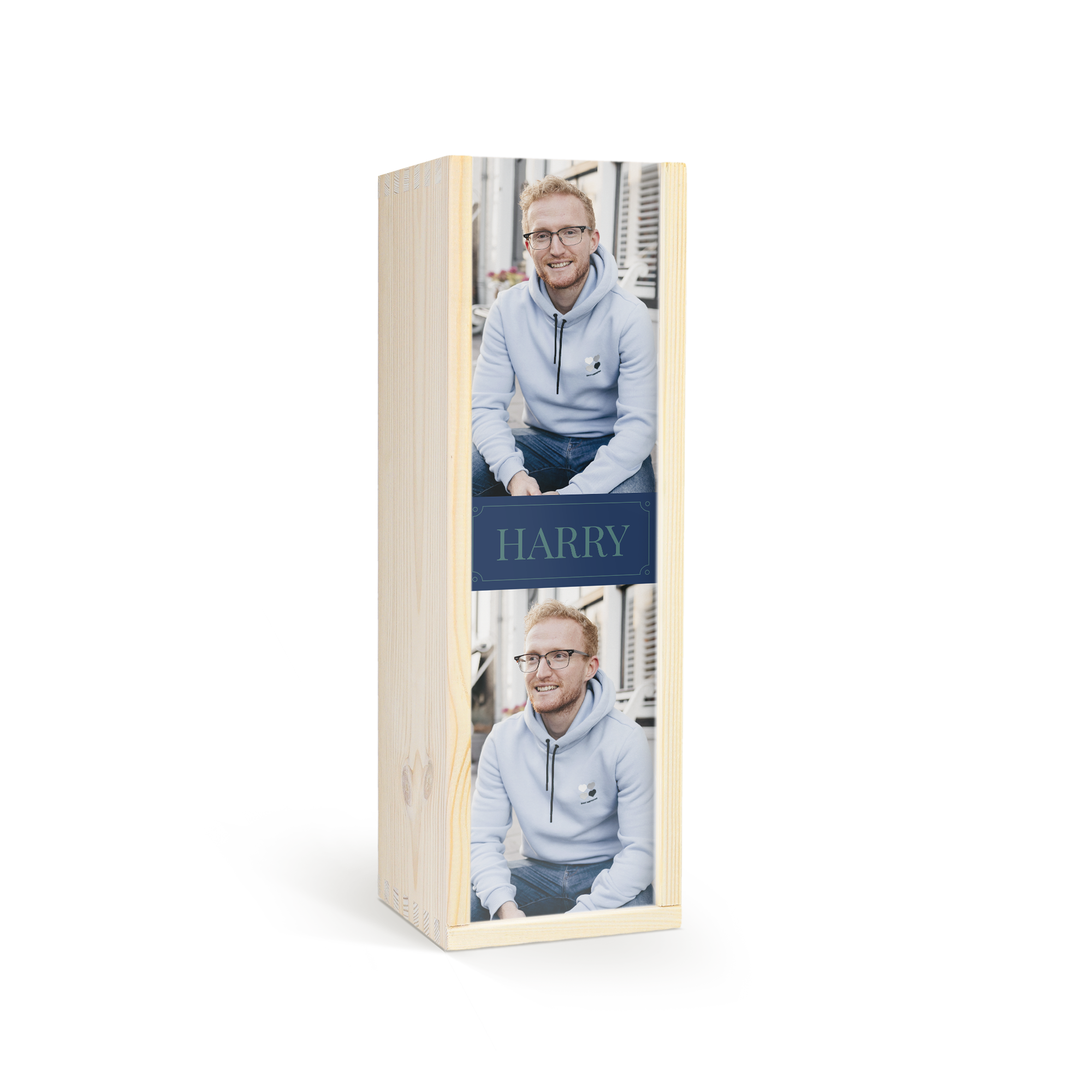 Personalized wooden box for whisky with a photo of a man and the name Harry printed on the lid
