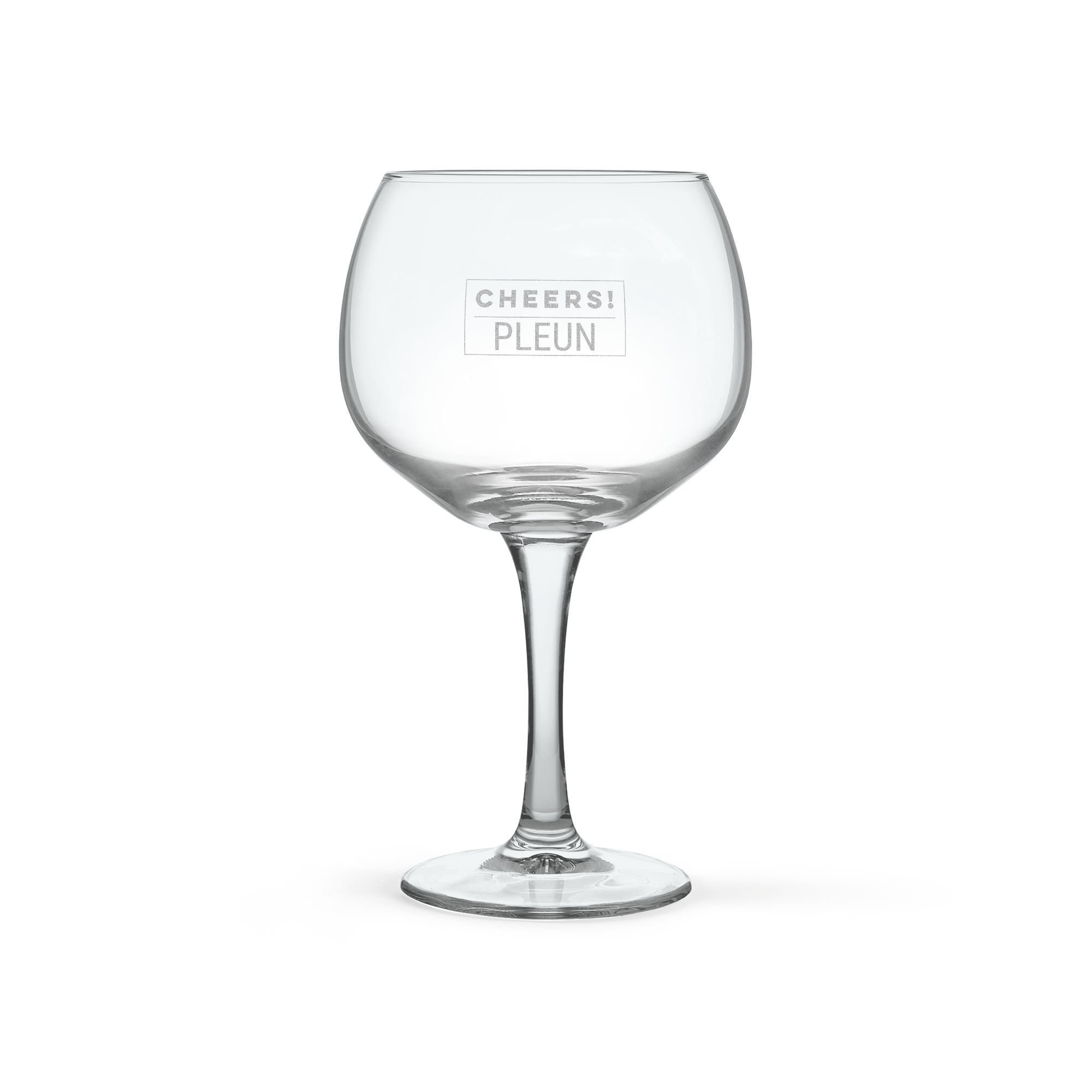 Gepersonaliseerd gin pakket met gegraveerd glas, tekst Cheers! Pleun