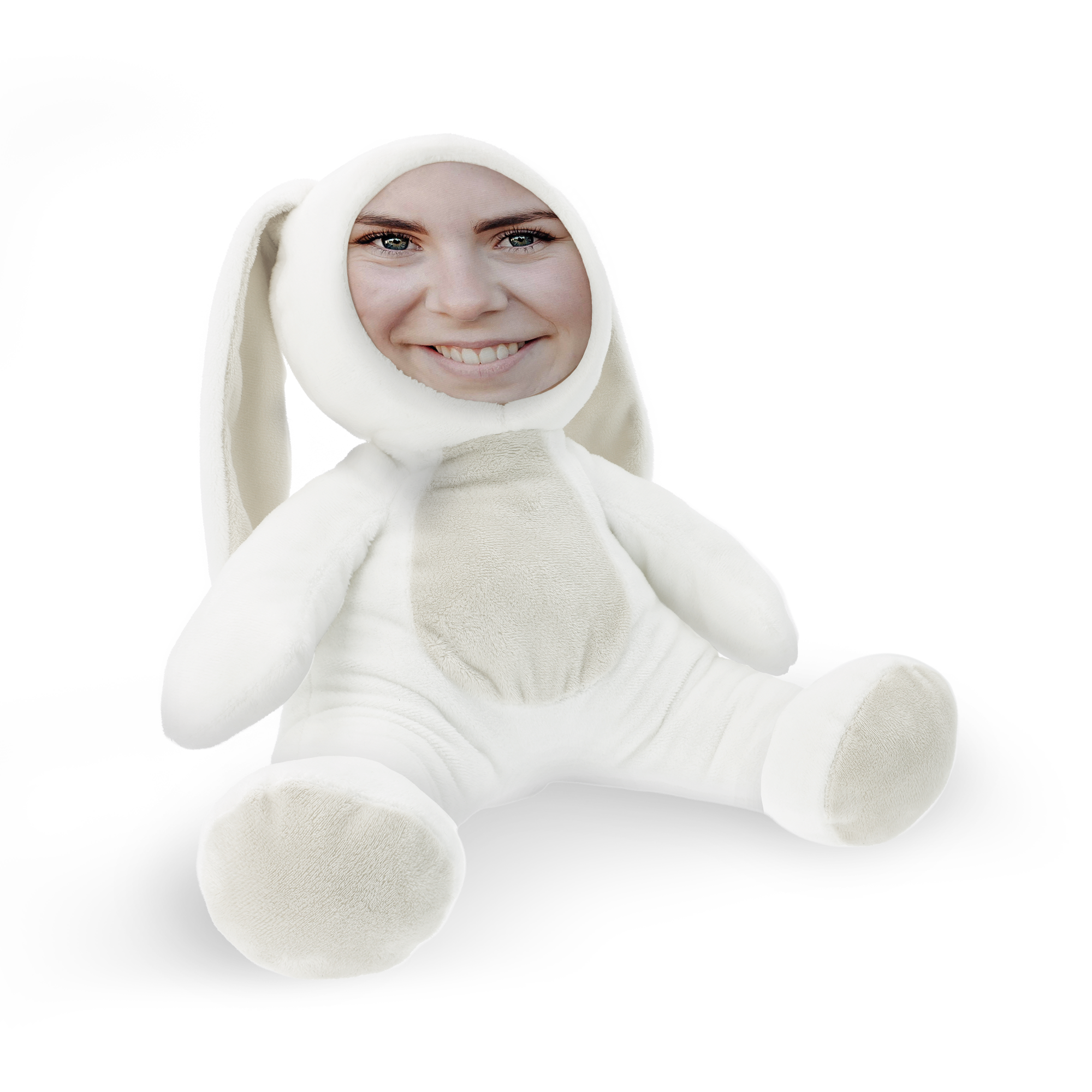 Super cute plush ItsieMe bunny with a photo of a smiling woman printed on its removable head.
