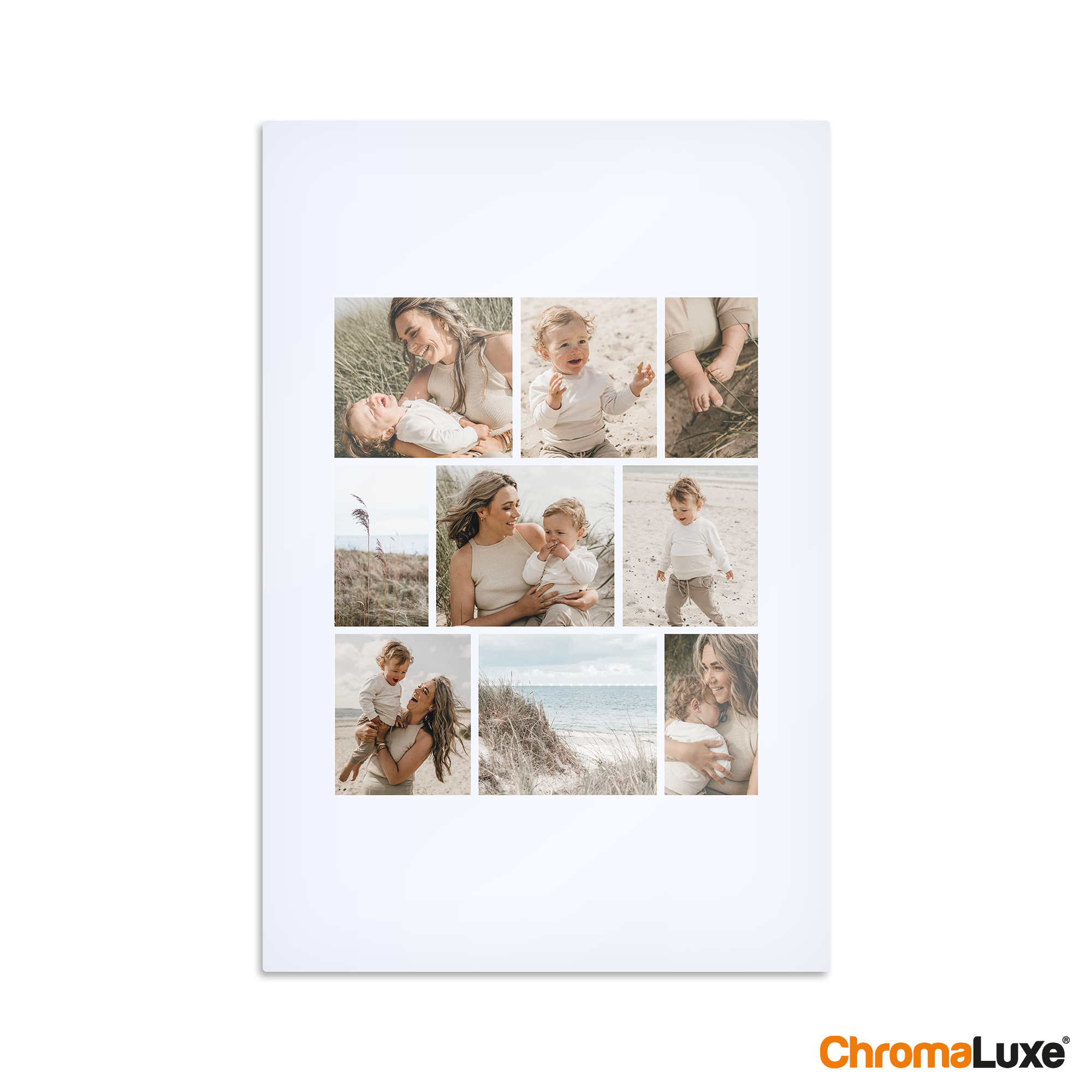 Instacollage aluminium personnalisé avec 9 photos Instagram d'une mère et son enfant à la plage imprimées sur métal