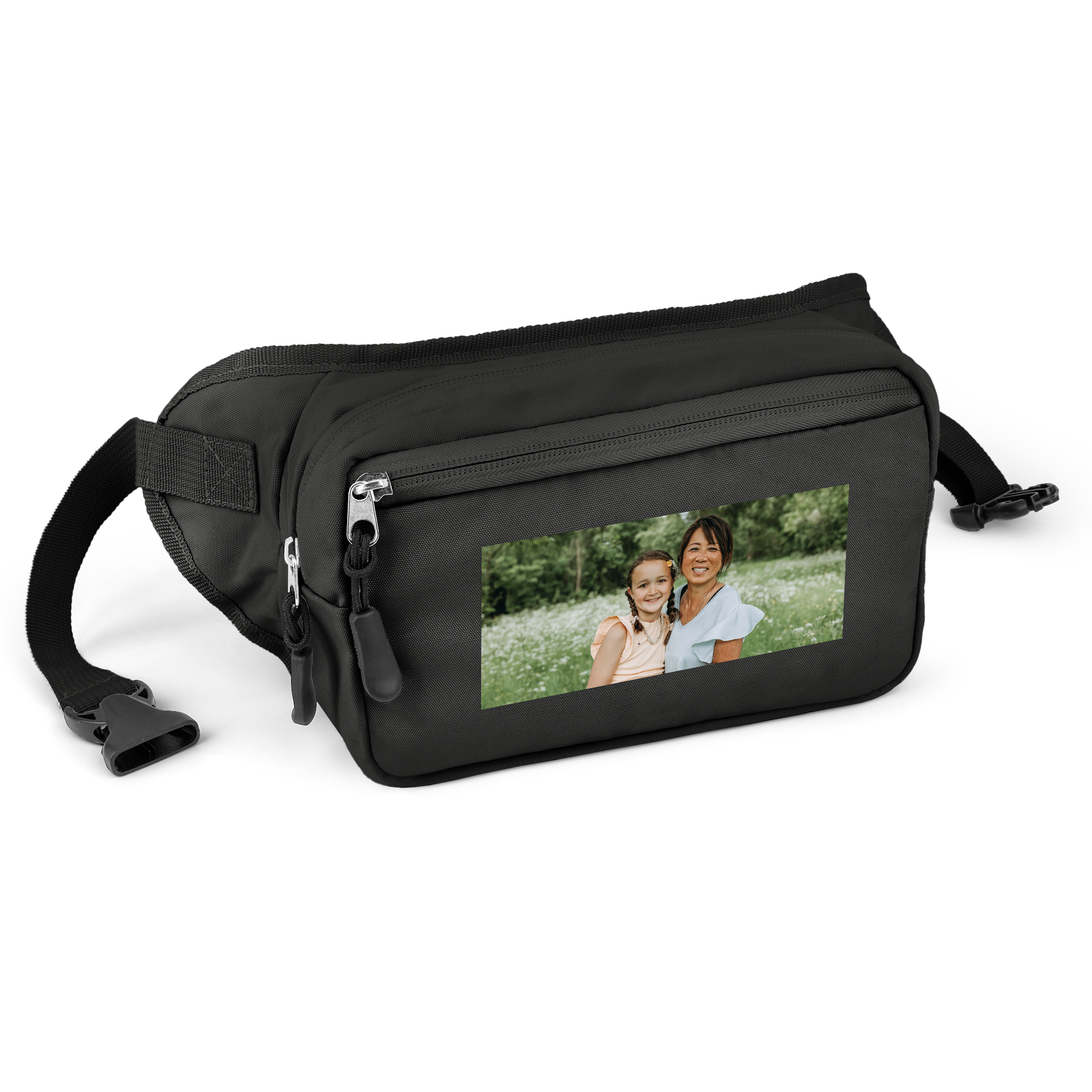 Sac banane noir avec photo personnalisée d'une mère et sa fille. Tout à portée de main grâce à un sac banane avec un imprimé personnalisé au choix.