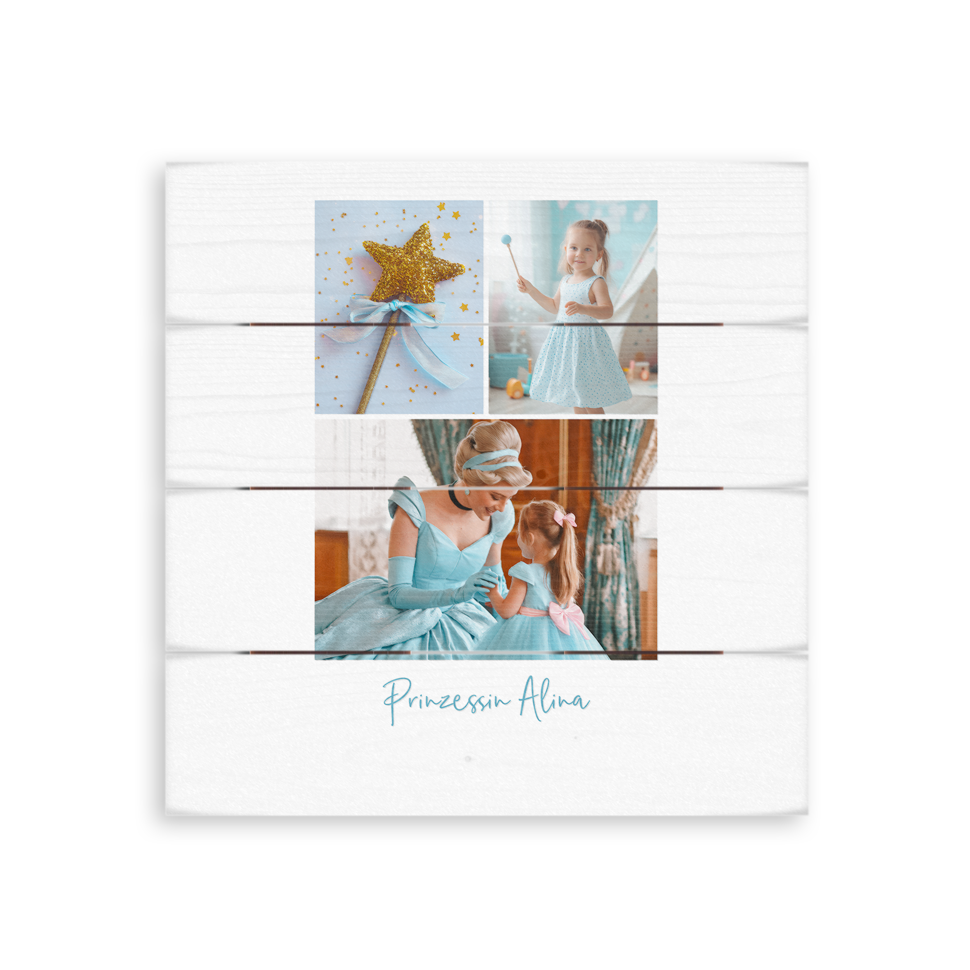 Holzbild mit drei Fotos von Mädchen und Prinzessin, personalisiert mit "Prinzessin Alina" als Dein Foto auf Holz