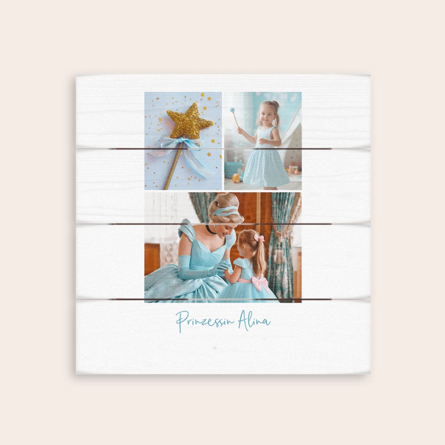 Foto auf Holz Holzbild mit drei Fotos von Mädchen und Prinzessin, personalisiert mit "Prinzessin Alina" als Dein Foto auf Holz