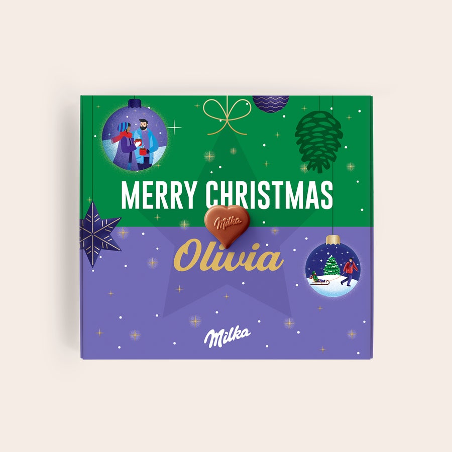 Milka Pralinky Vianoce Personalizovaná darčeková krabička Milka s nápisom Merry Christmas a menom Olivia, potlačená vianočným dizajnom.