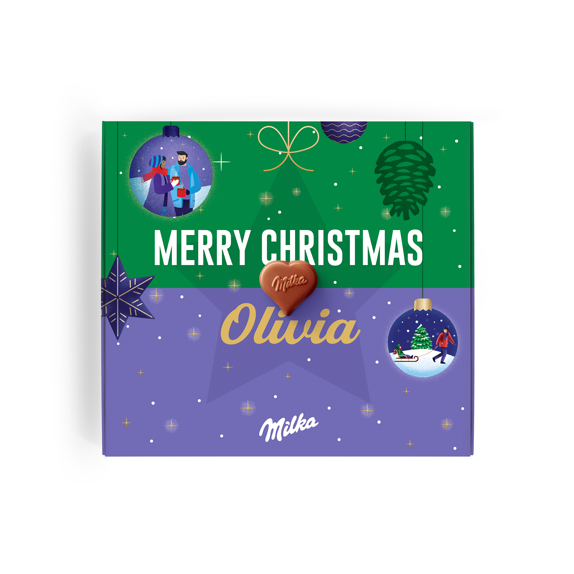 Caixa de presente Milka de Natal personalizada com a mensagem "Merry Christmas Olivia" impressa e bombom de chocolate em formato de coração
