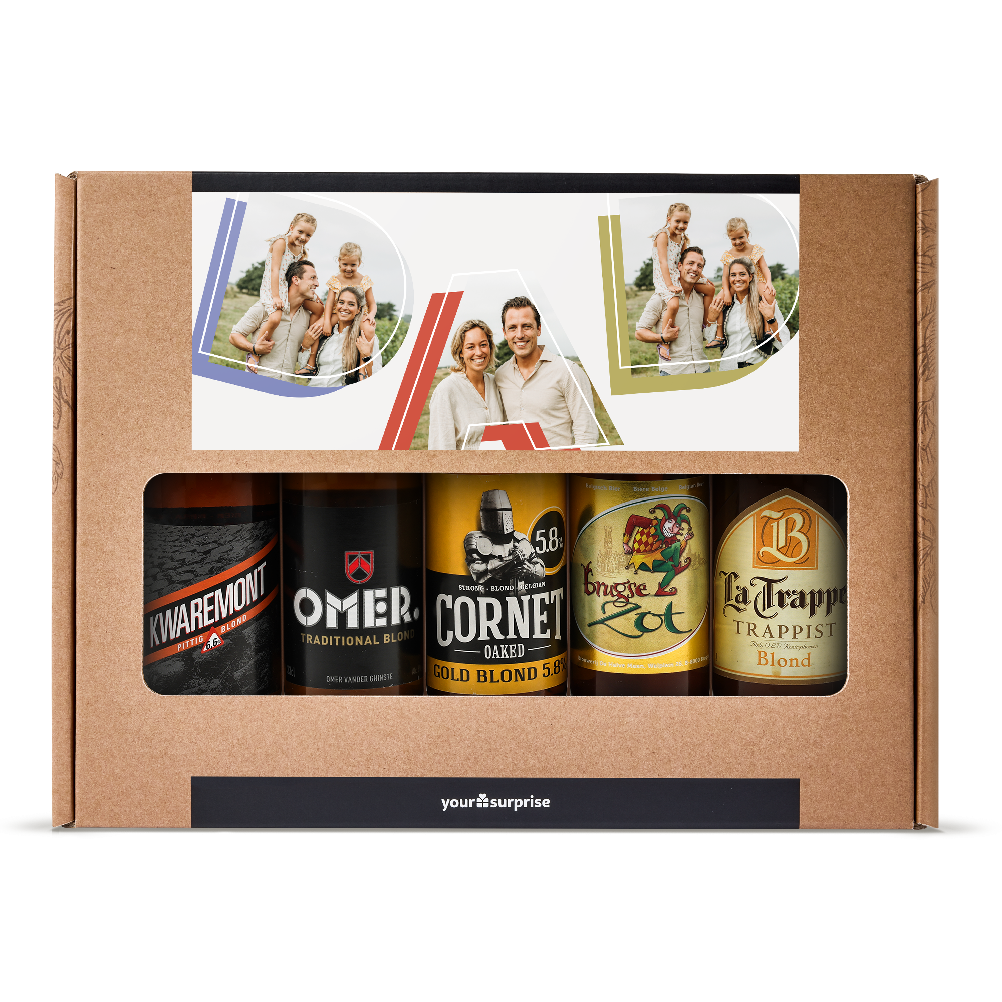 Personalized beer package - Blond with a custom photo printed on the gift box, featuring various blond beers.