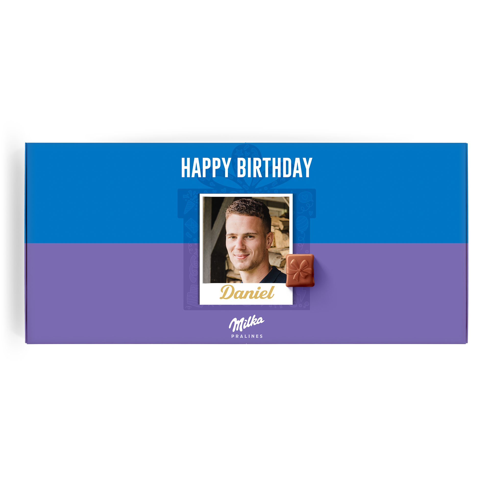 Personalised Milka chocolate gift box with a Happy Birthday message and a photo printed on the lid