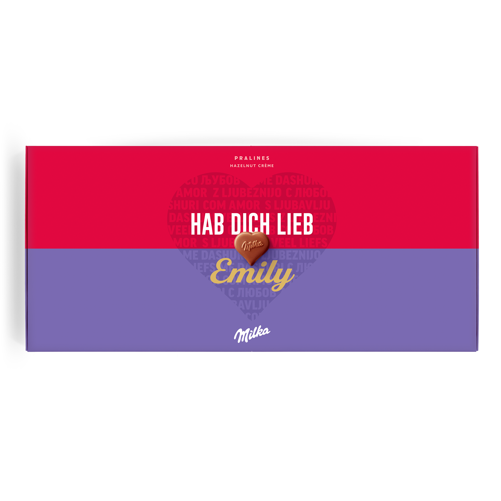 Personalisierte Milka Pralinen Box in Rot-Lila mit Text "HAB DICH LIEB" und dem Namen Emily