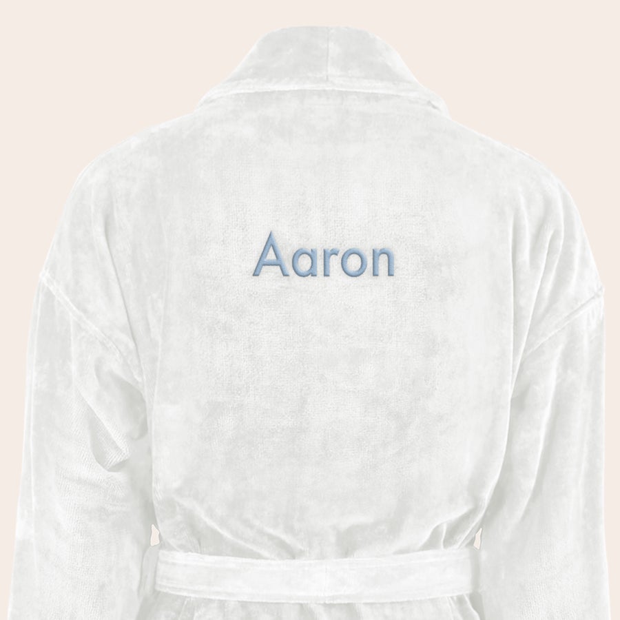 Halat de baie - Bărbați Halat de baie moale alb, brodat cu numele personalizat Aaron în albastru deschis, un cadou util.