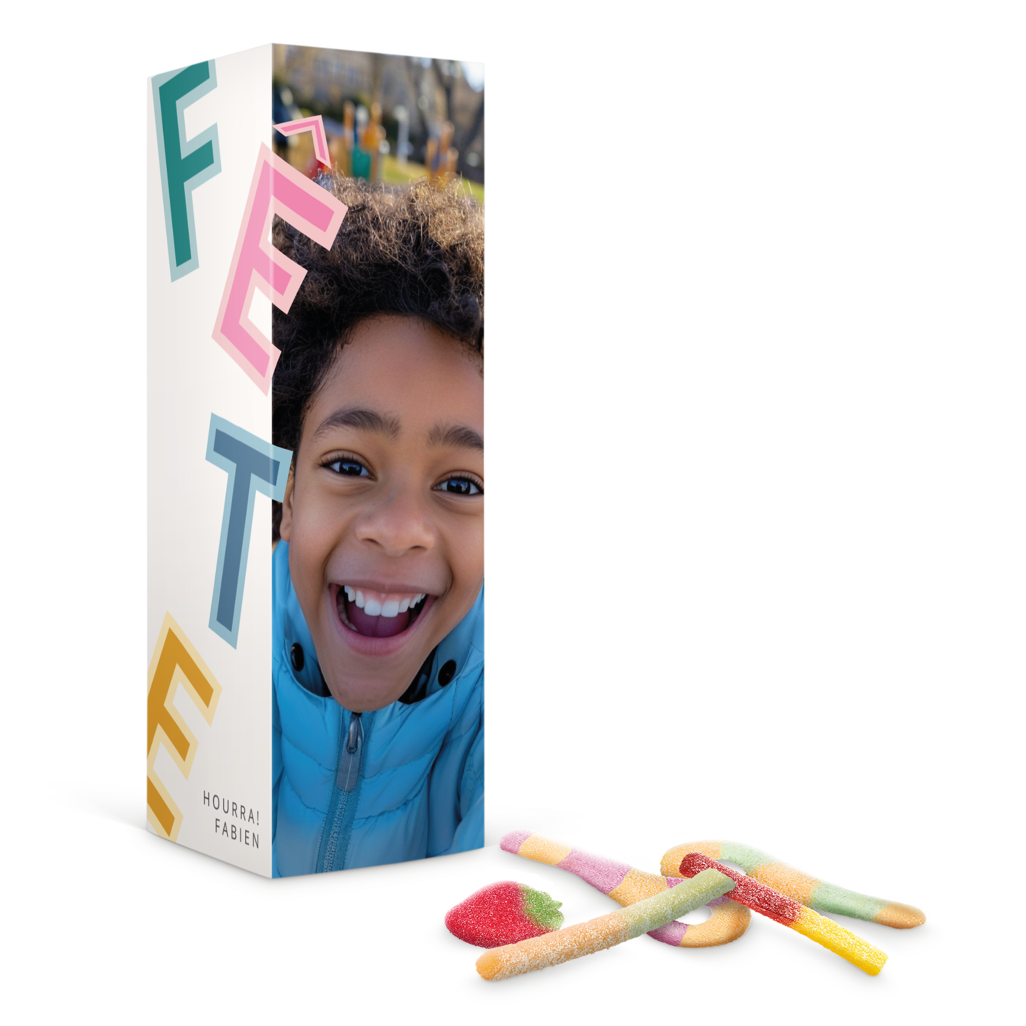 Coffret cadeau personnalisé de bonbons avec photo imprimée et texte Houurra Fabien