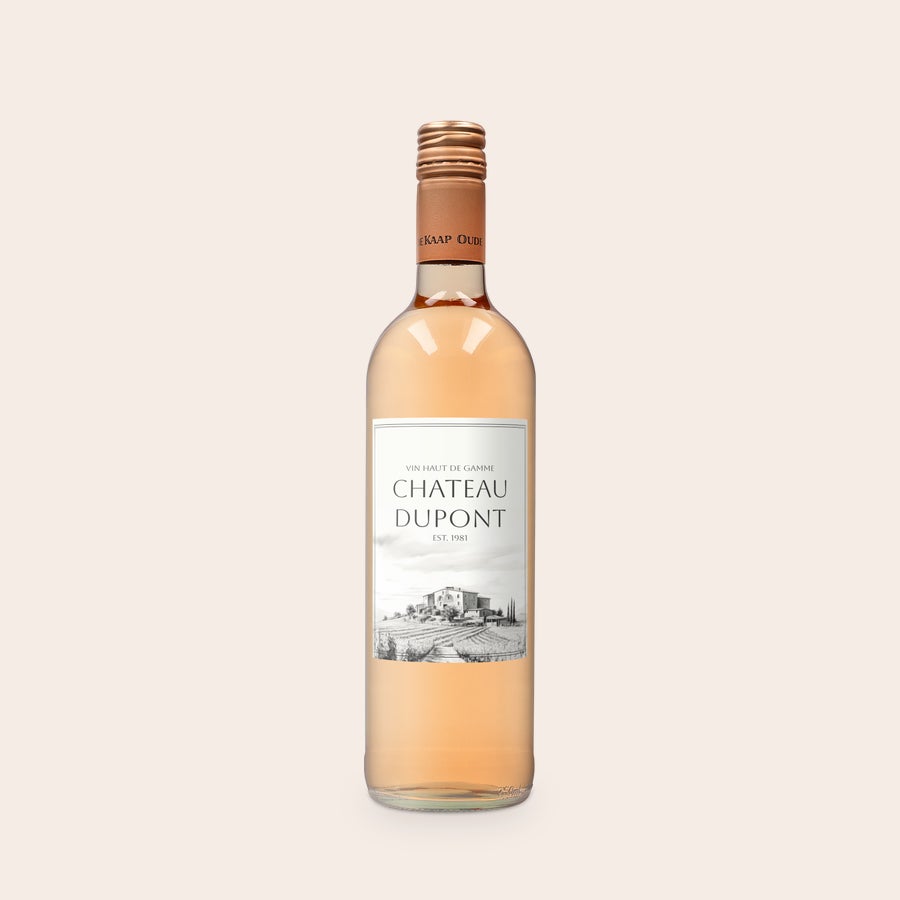 Coffret vin Oude Kaap - Rosé personnalisé Bouteille d'Oude Kaap Rosé avec étiquette personnalisée Chateau Dupont, imprimée avec photo et texte de votre choix.