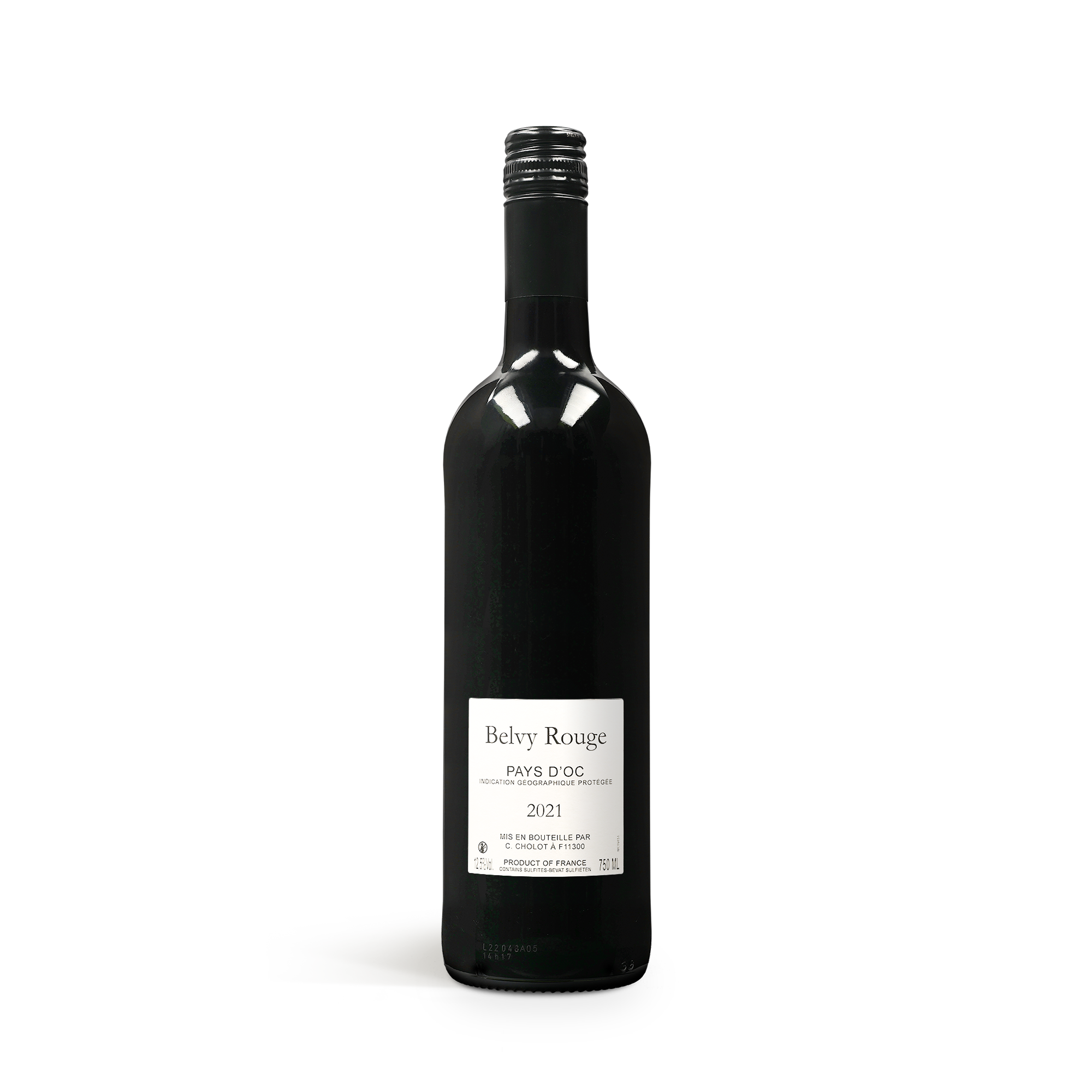 Bottle of Belvy red wine, 2021 vintage, with a white label featuring Belvy Rouge text, ready to be placed in an engraved case for a personalized gift