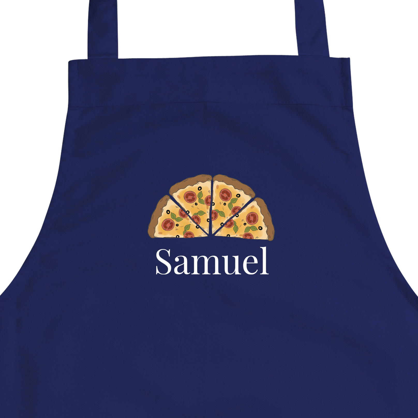 Donkerblauw kinderschort bedrukt met een halve pizza en de gepersonaliseerde naam Samuel