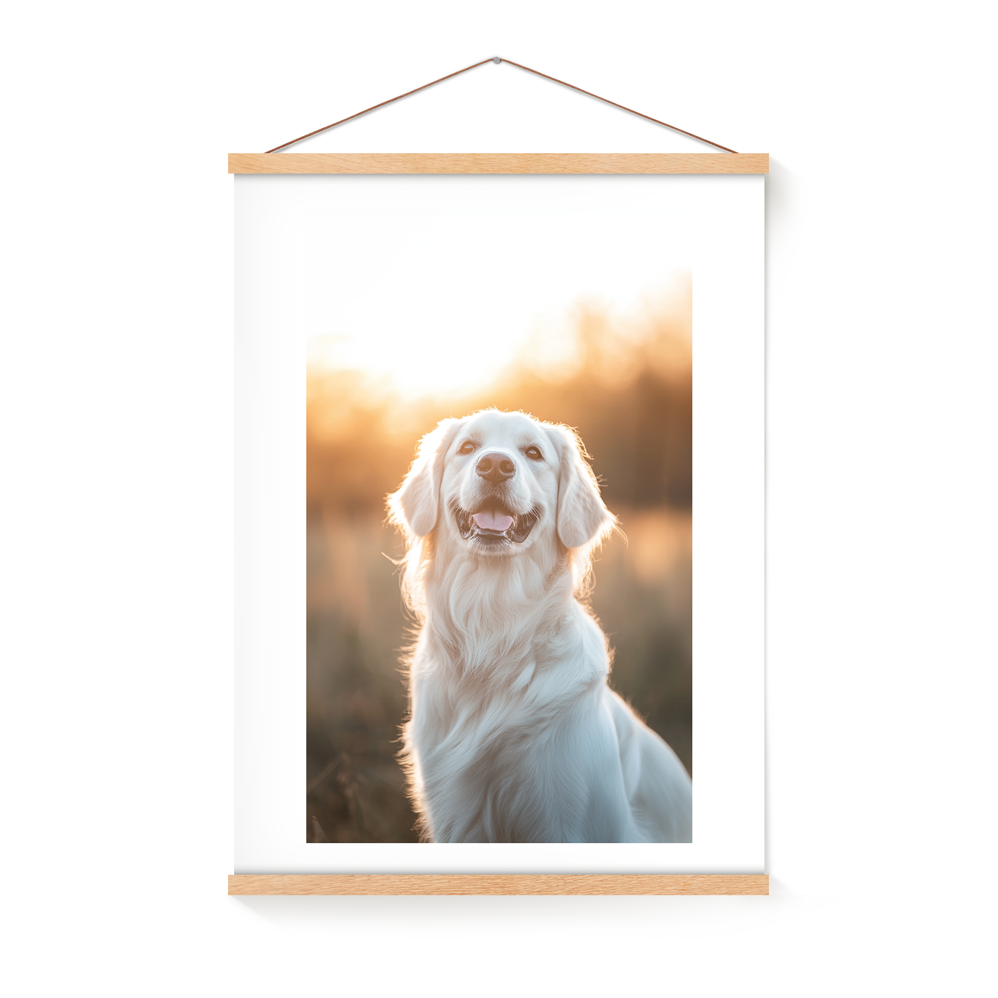 Afiș personalizat cu fotografie cu un câine Golden Retriever, imprimat și agățat într-un umeraș magnetic de lemn.