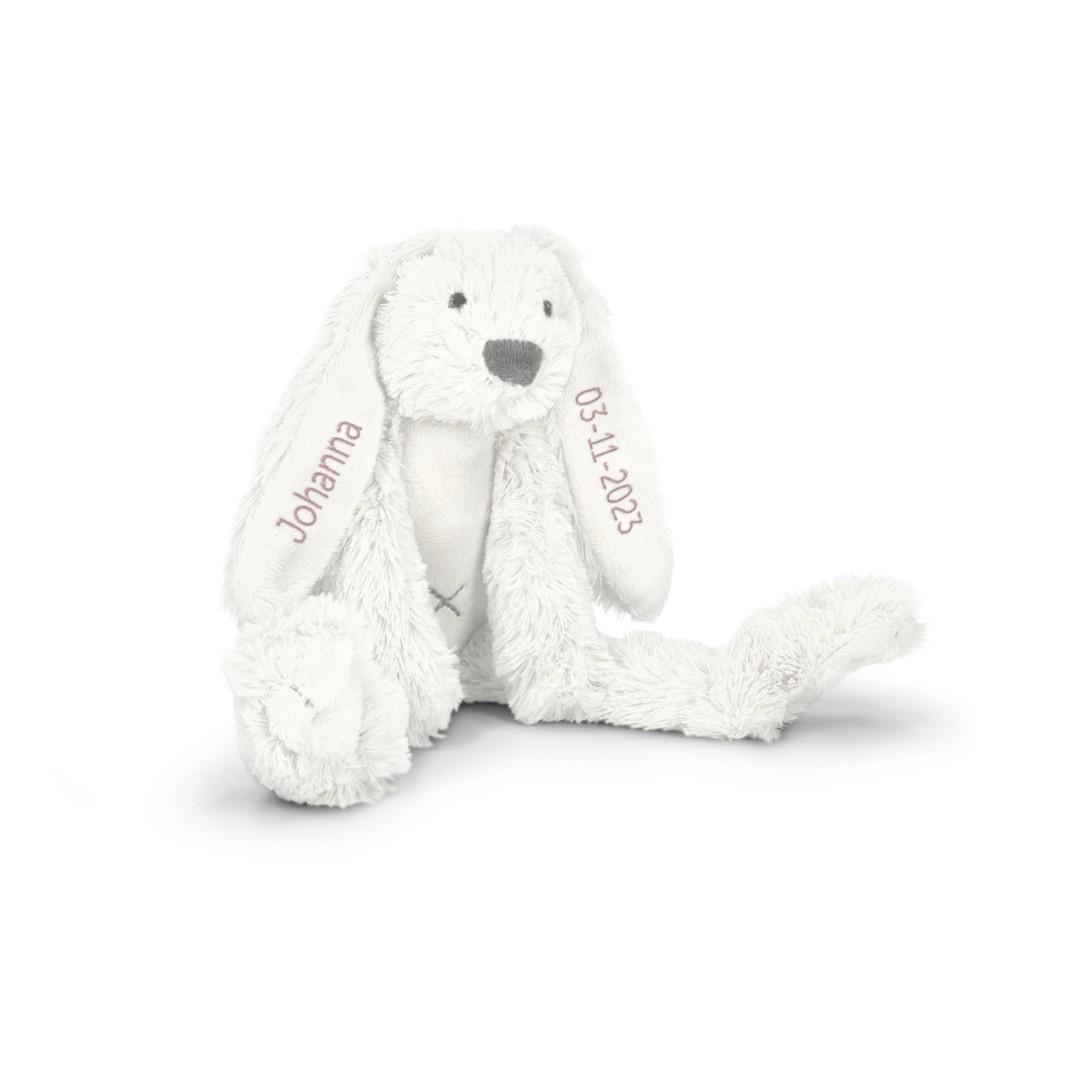 Peluche lapin blanc Rabbit Richie avec nom Johanna et date 03-11-2023 brodés sur les oreilles.