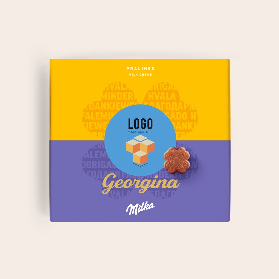 Povedz to s darčekovou krabičkou Milka - Ďakujem Personalizované Povedzte to s darčekovou krabičkou Milka, potlačenou menom Georgina a logom na poďakovanie.