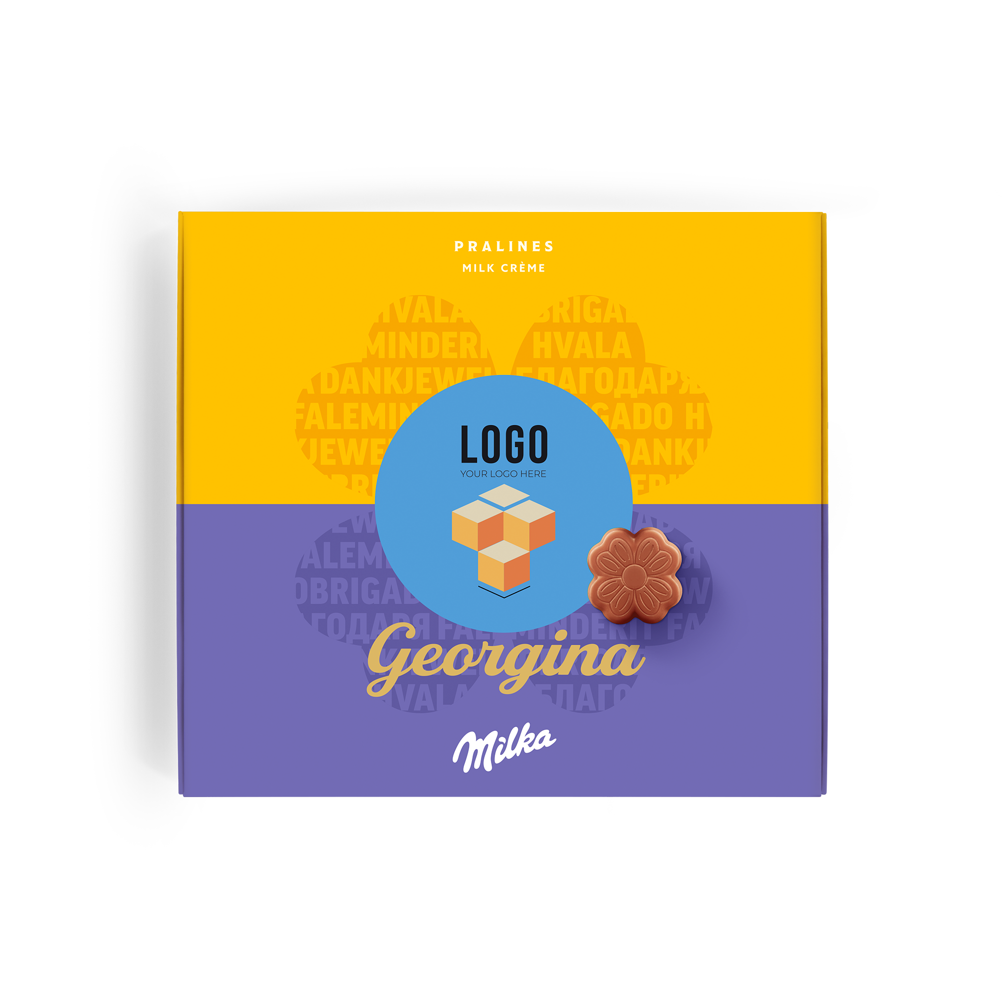 Um personalizado Diga-o com a caixa de presente de Milka com nome Georgina, foto e pralines de flor